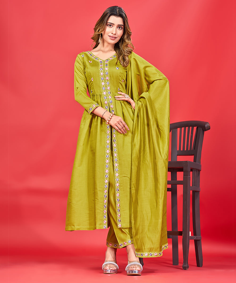 Women's Pure Art Silk Embroidered Kurta Pant Set with Dupatta