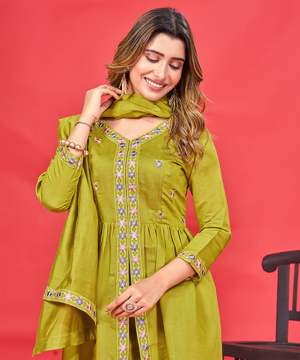 Women's Pure Art Silk Embroidered Kurta Pant Set with Dupatta