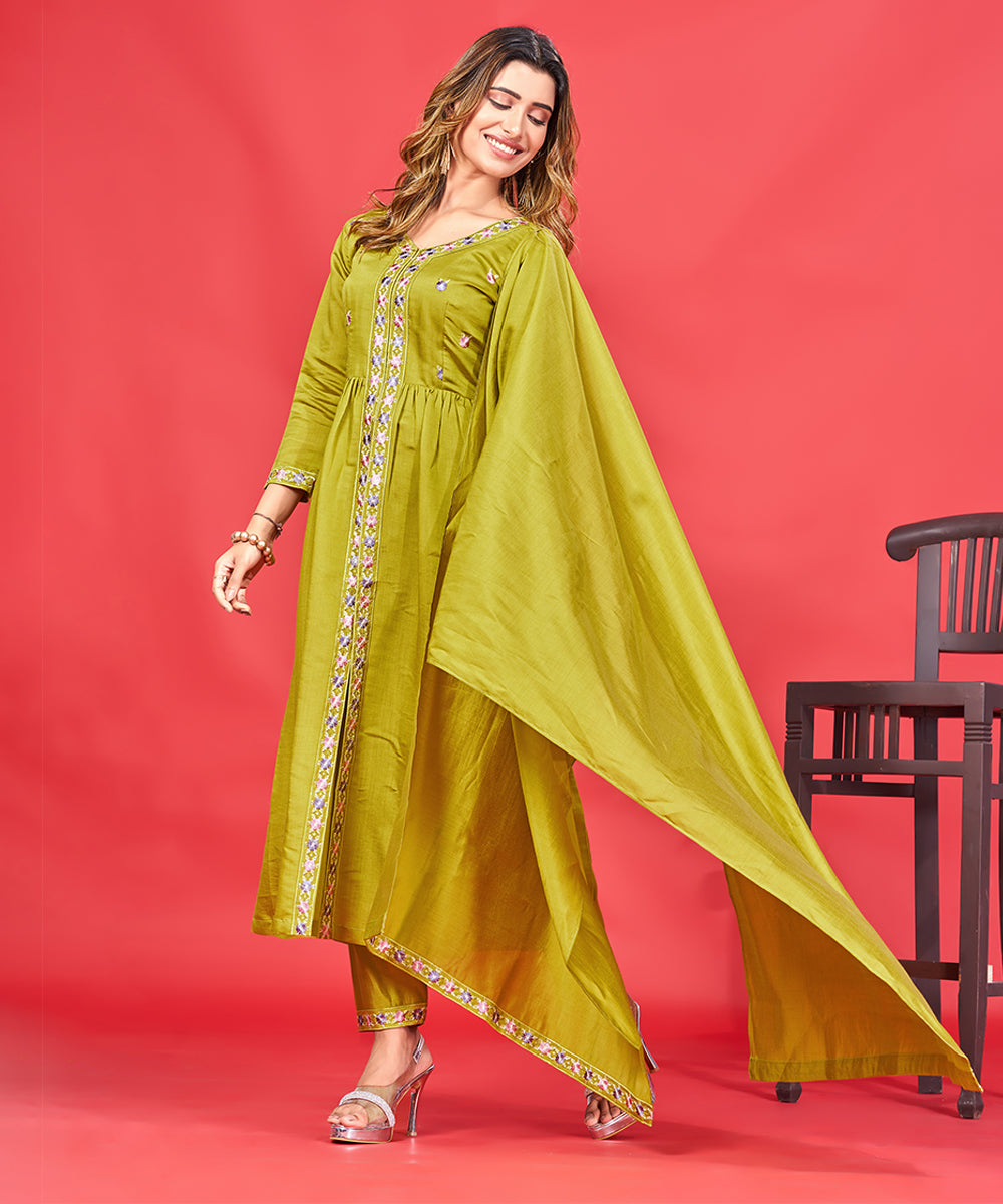 Women's Pure Art Silk Embroidered Kurta Pant Set with Dupatta