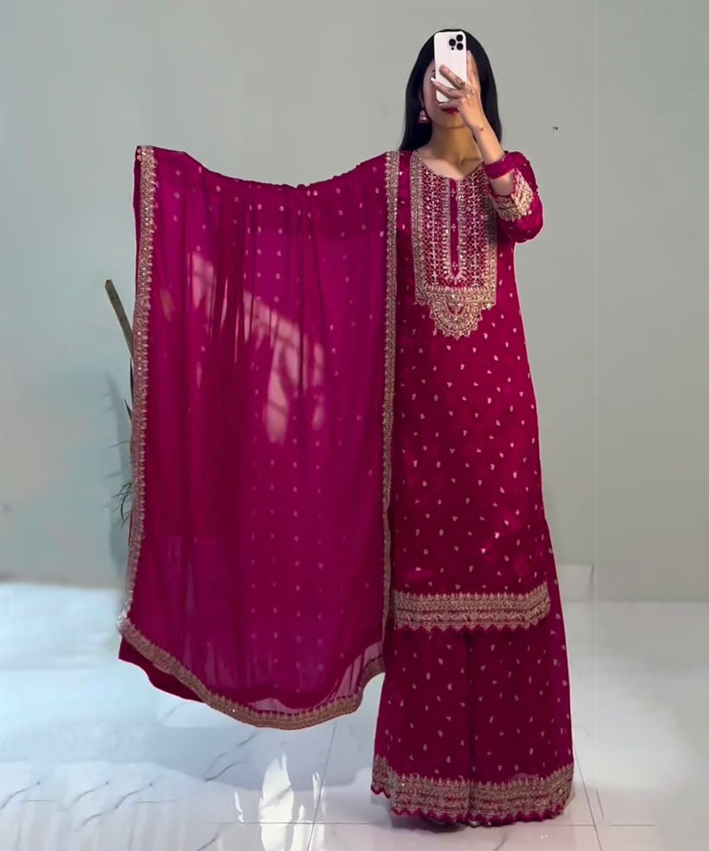 Pink Chinon Sequin Work Salwar Kameez and Dupatta Set