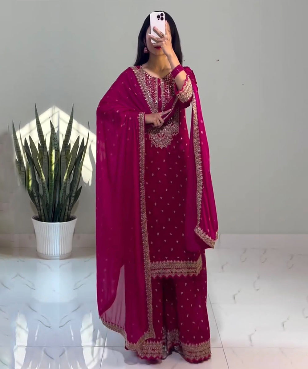 Pink Chinon Sequin Work Salwar Kameez and Dupatta Set