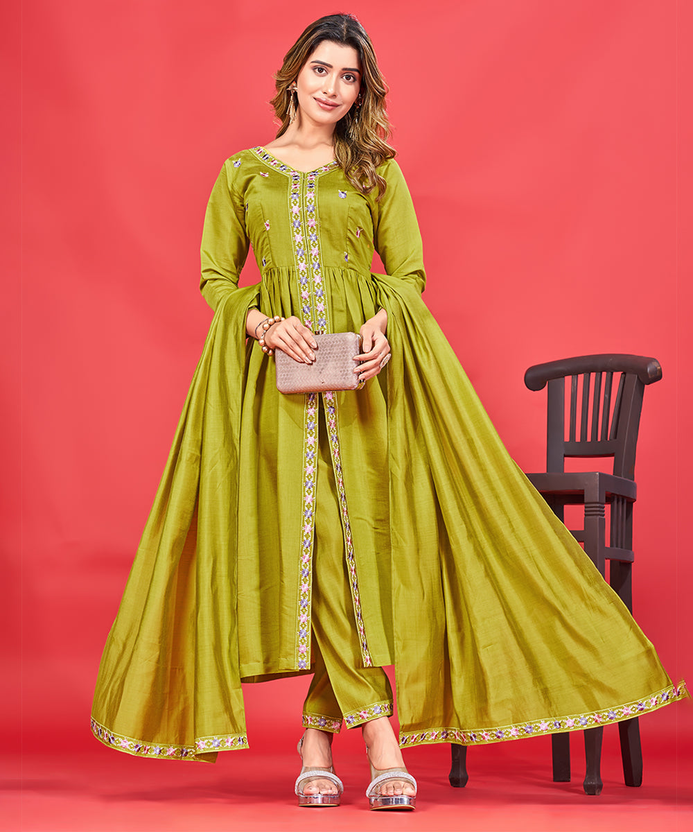 Women's Pure Art Silk Embroidered Kurta Pant Set with Dupatta