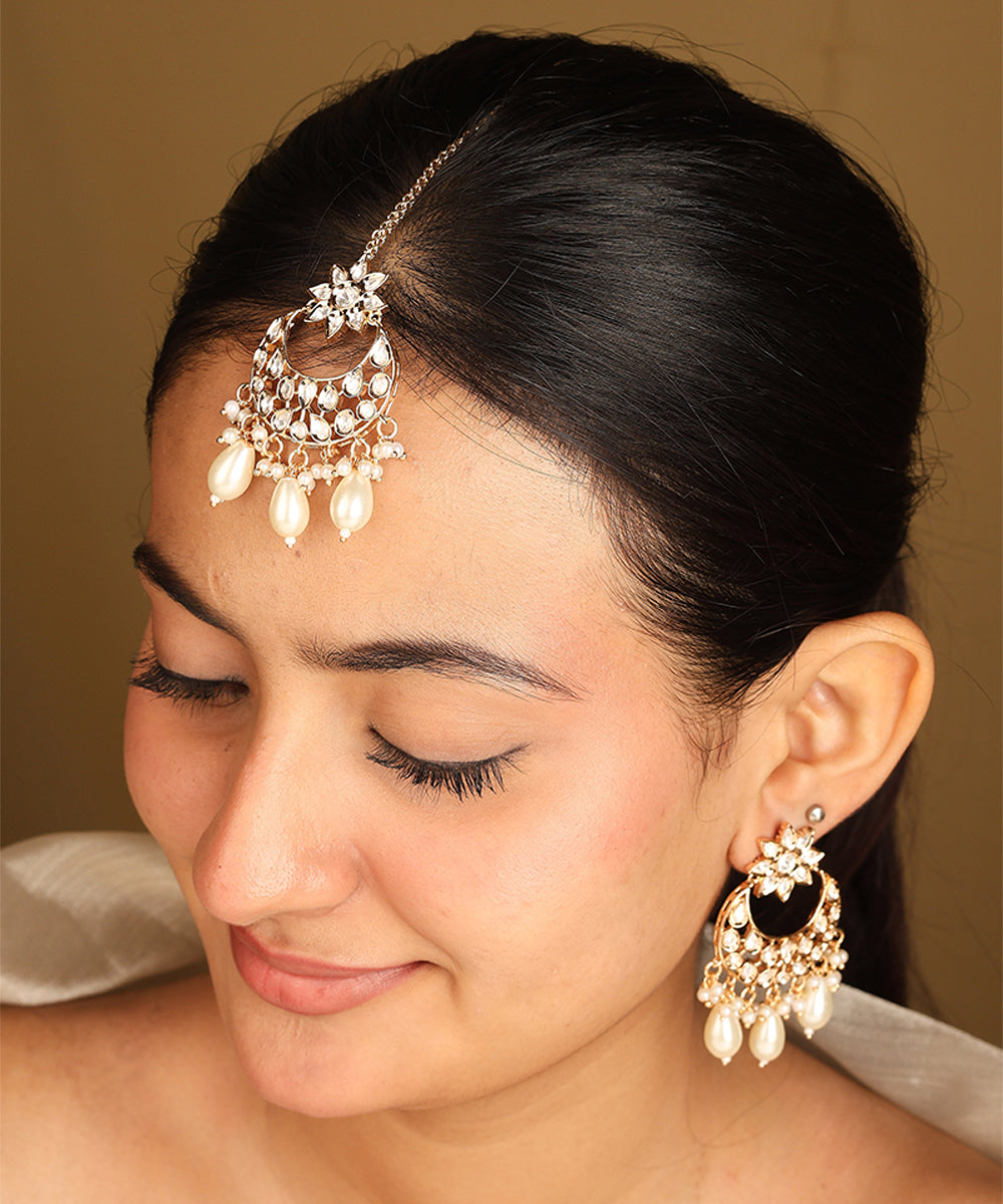 American Diamond High Neck Necklace Set with Pearls