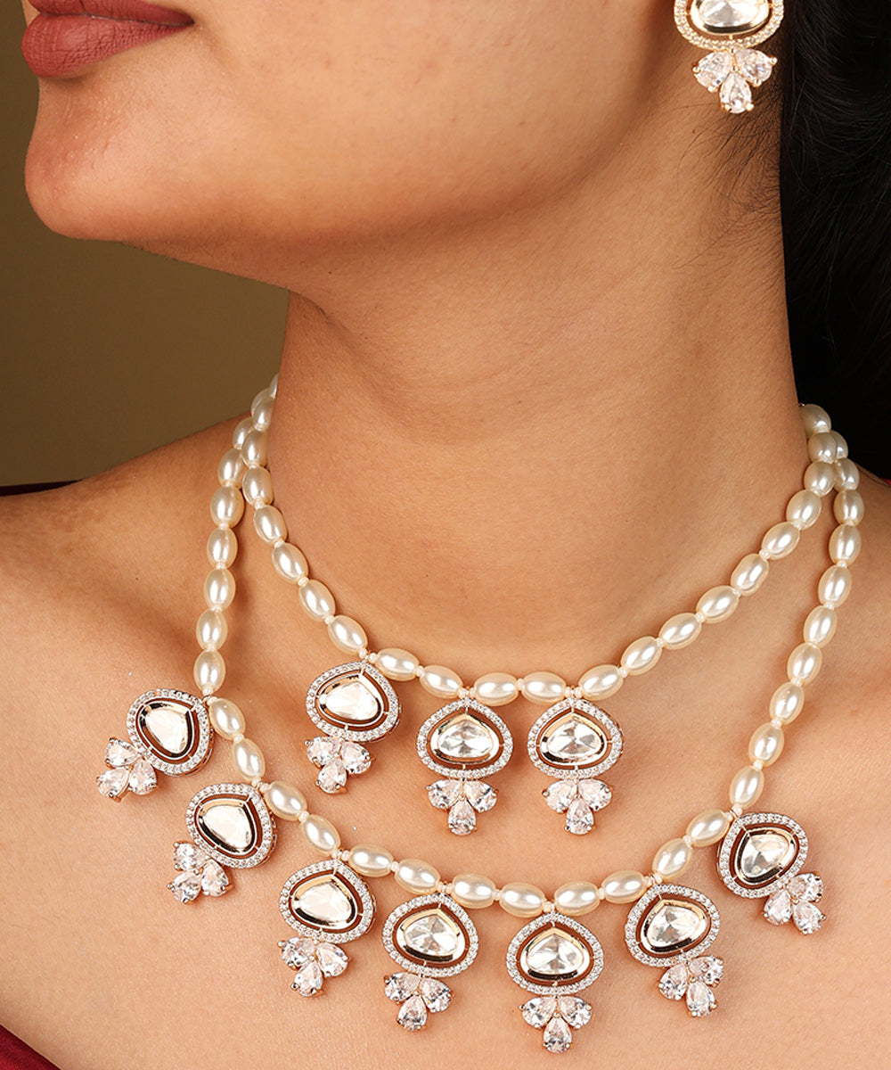Two Layer Pearl Necklace with Kundan Stone Pendant