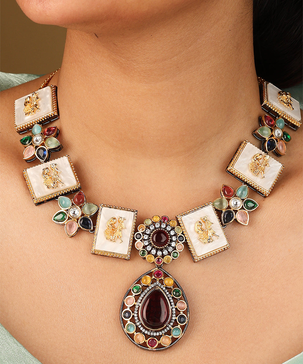 Multicolour Monalisa Stone Necklace Set with Jadau Work