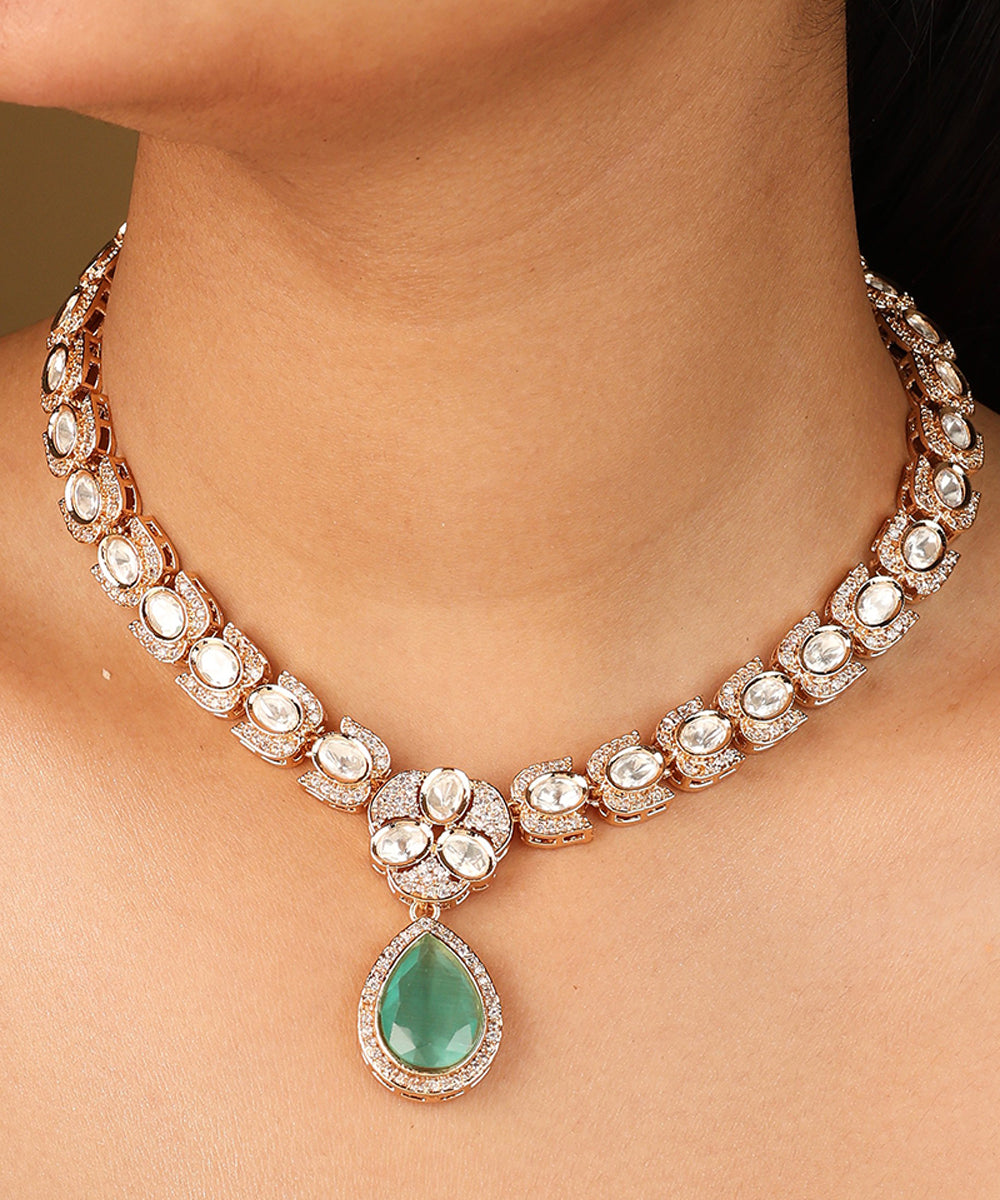 Kundan Necklace with Mint Green Stone Pendant