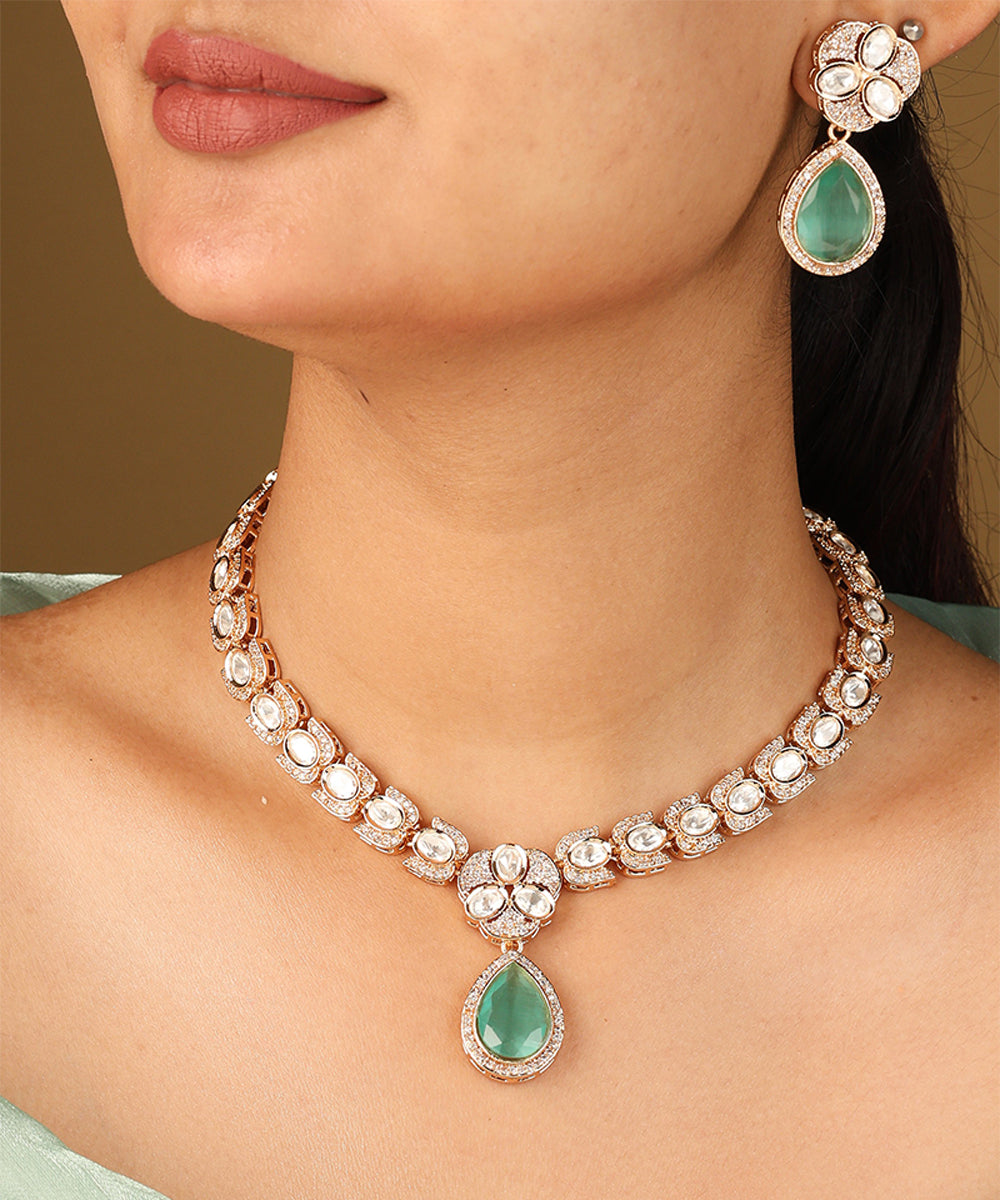 Kundan Necklace with Mint Green Stone Pendant