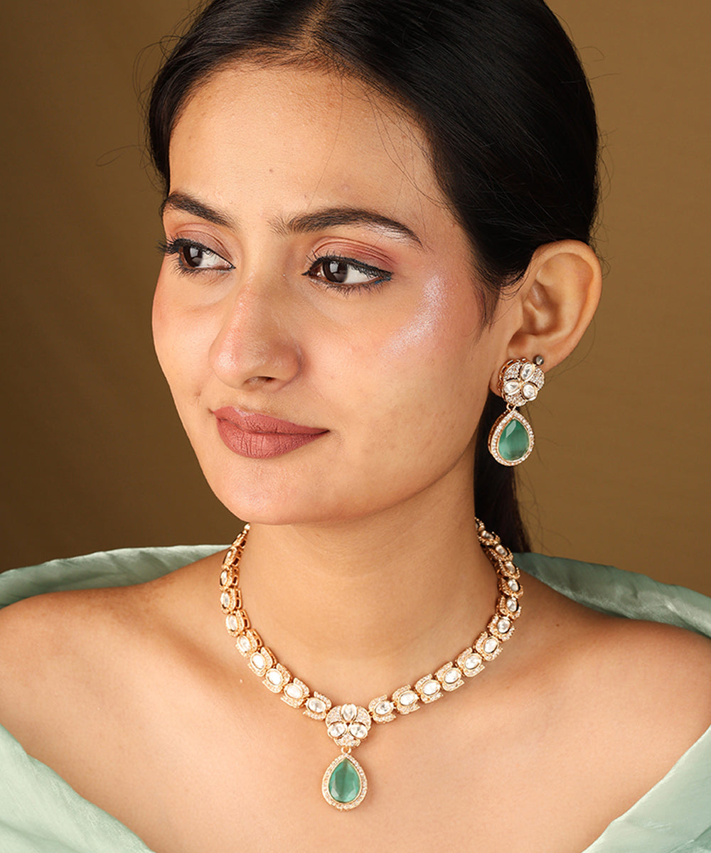 Kundan Necklace with Mint Green Stone Pendant