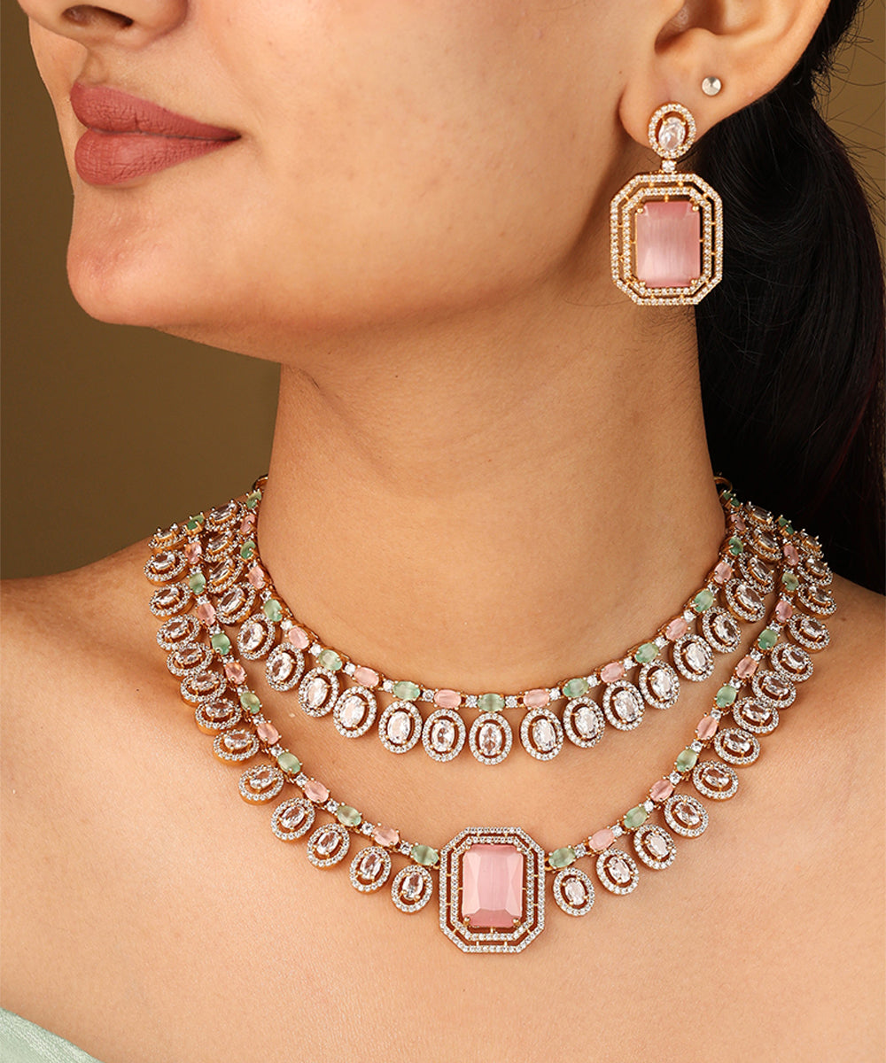 Two Layer Bridal Necklace with Light Pink Stone Pendant