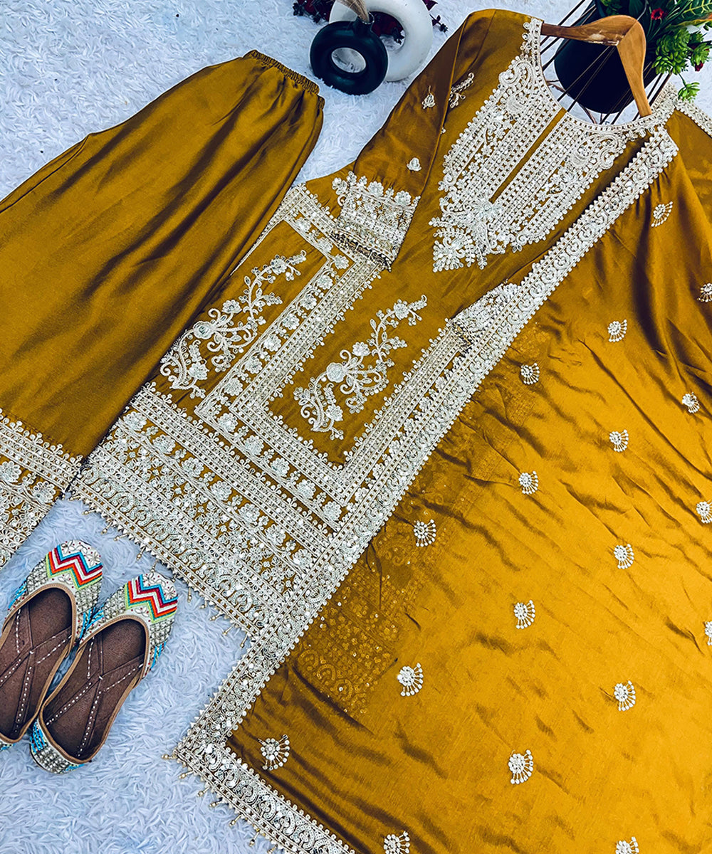 Mustard Chinnon Silk Embroidered Sequin Kurta Set with Dupatta