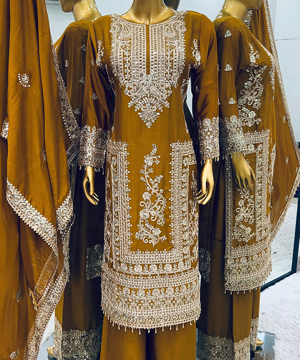 Mustard Chinnon Silk Embroidered Sequin Kurta Set with Dupatta