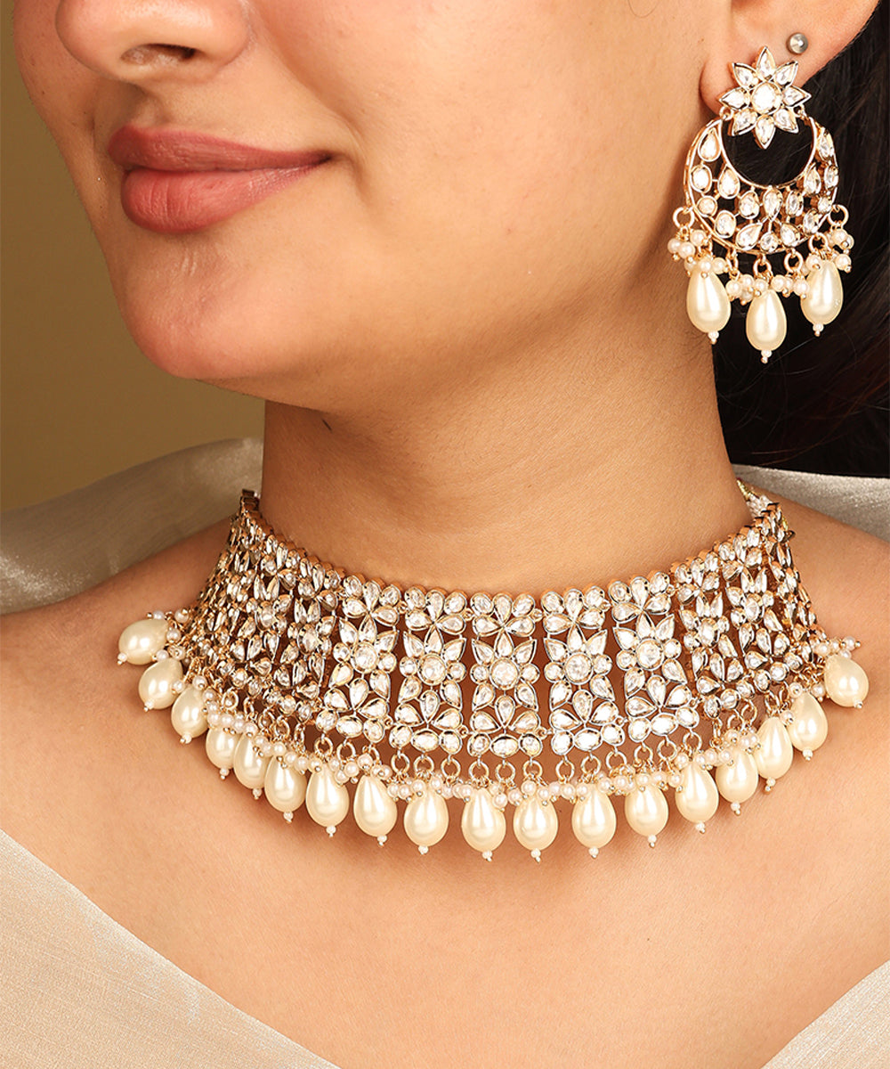 American Diamond High Neck Necklace Set with Pearls