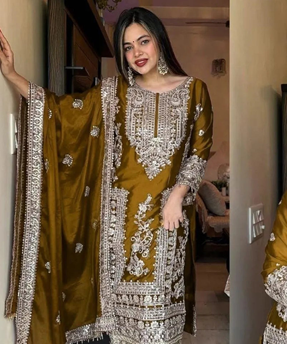 Mustard Chinnon Silk Embroidered Sequin Kurta Set with Dupatta
