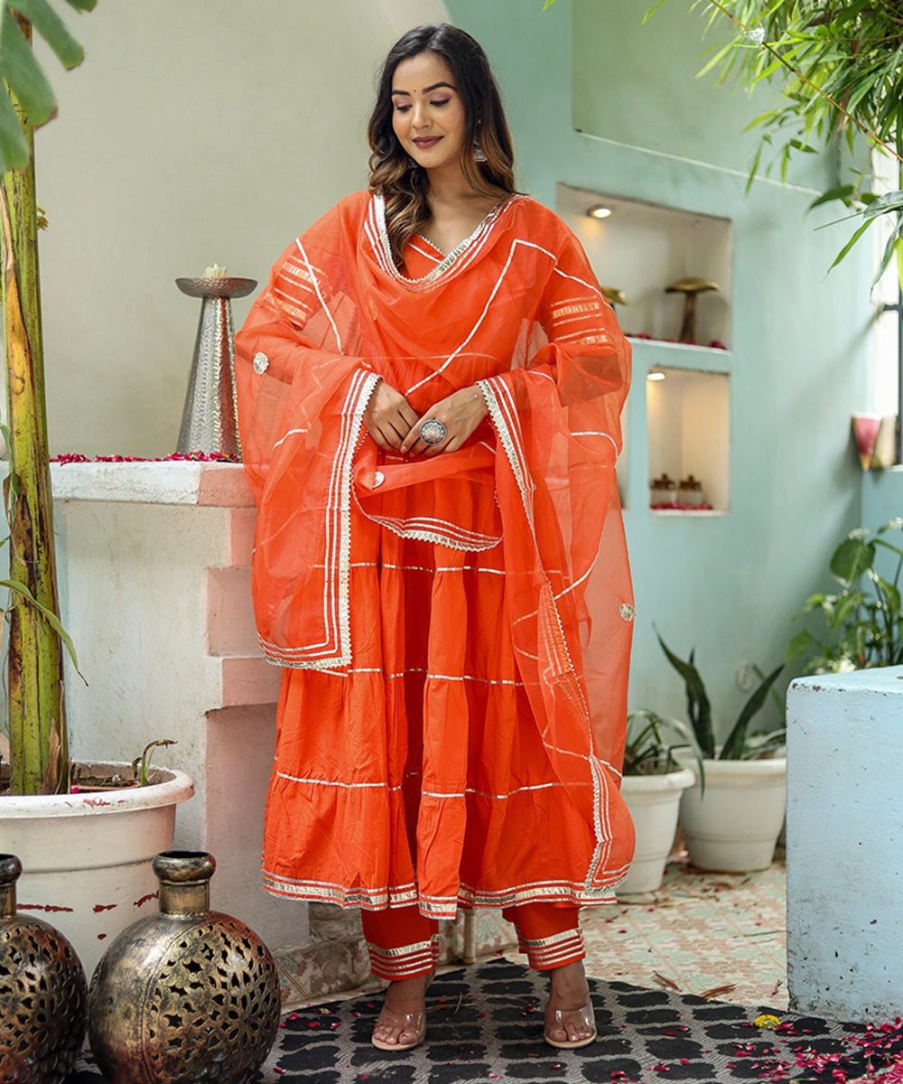 Orange Cotton Anarkali with Bottom and Dupatta