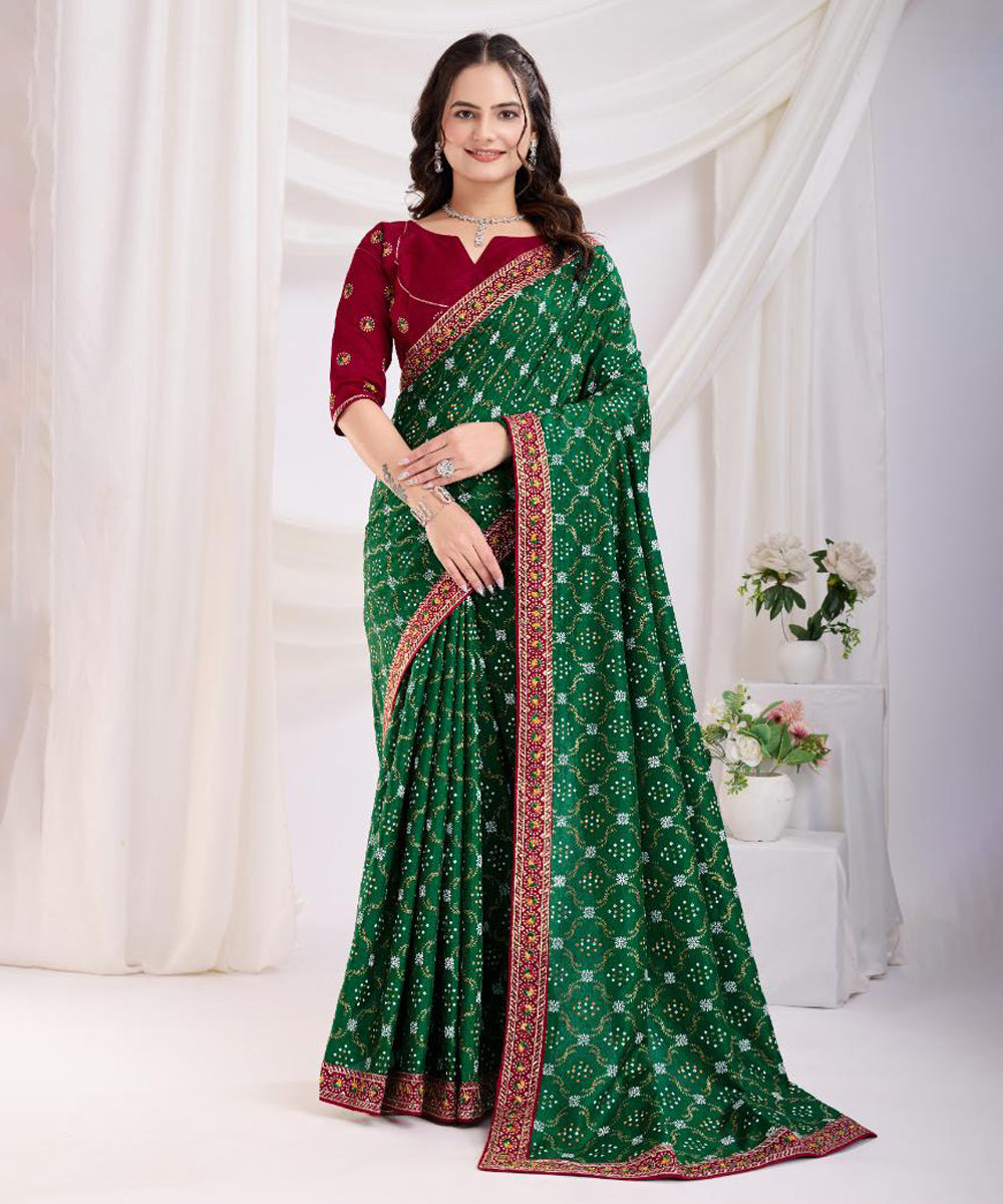 Emerald Bandhani Print Art Silk Saree with Embroidered Border