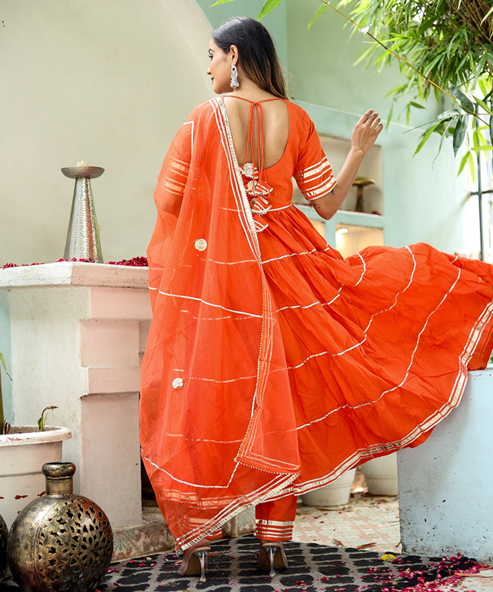 Orange Cotton Anarkali with Bottom and Dupatta