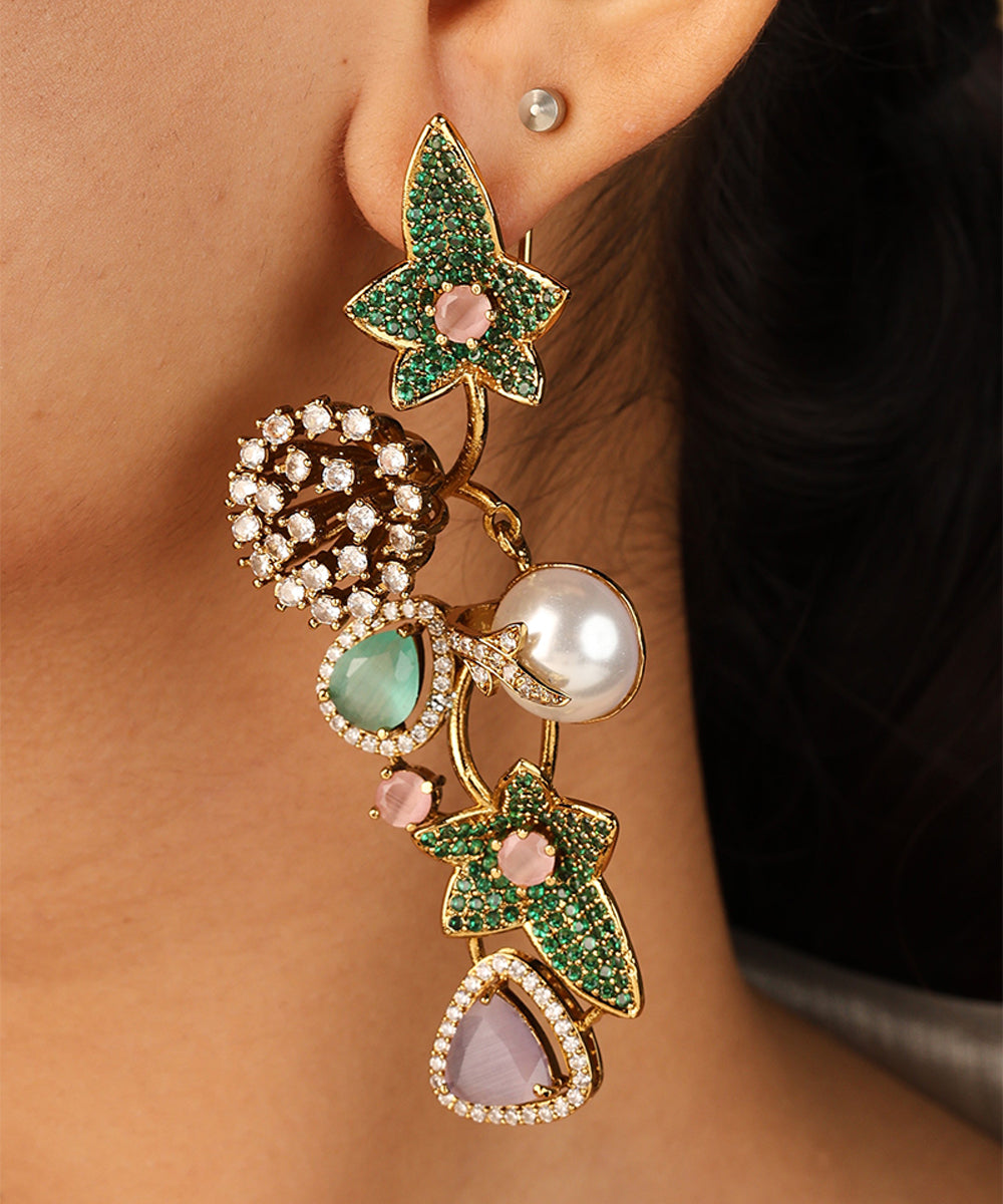 Floral Inspired Statement Necklace with Green and Pink Stones and Matching Earrings