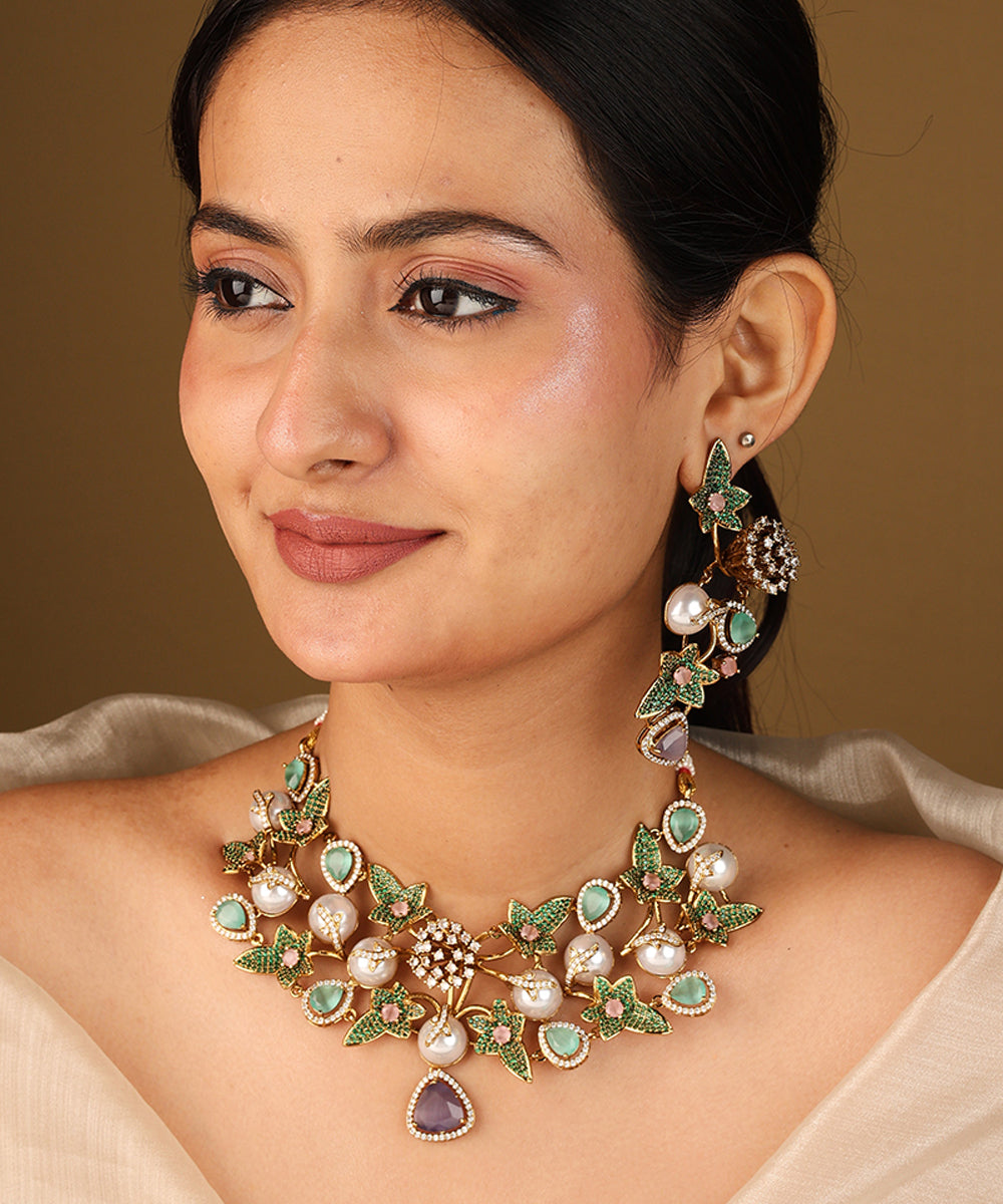 Floral Inspired Statement Necklace with Green and Pink Stones and Matching Earrings