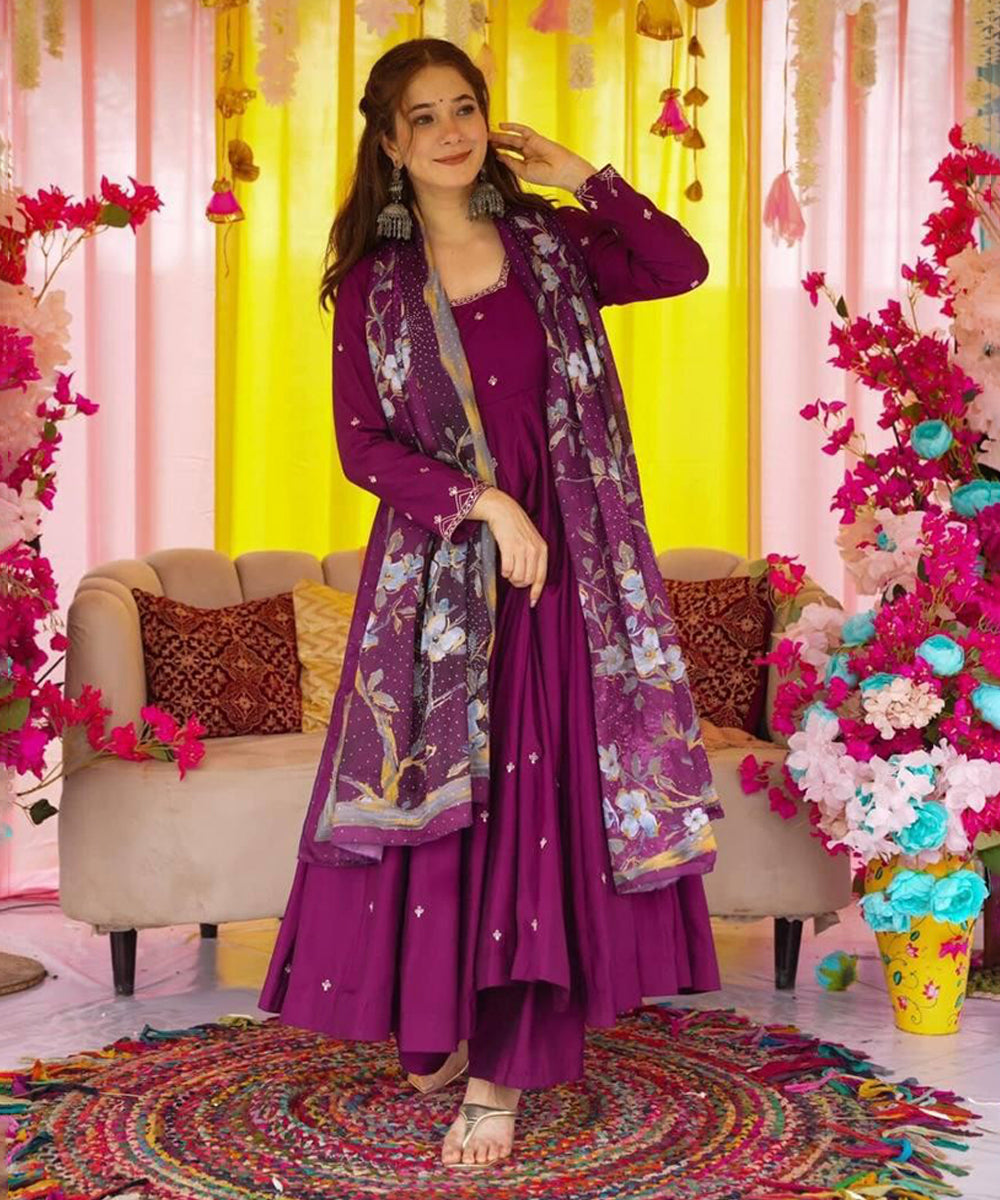 Purple Chinon Anarkali with Bottom with Dupatta