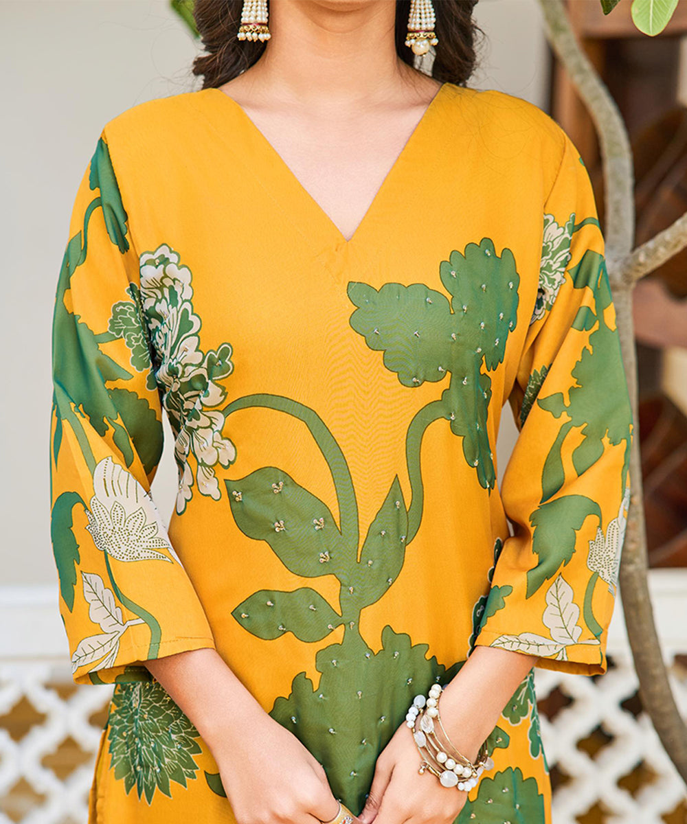 Organza Silk Fabric Work Straight Cut Kurta Set