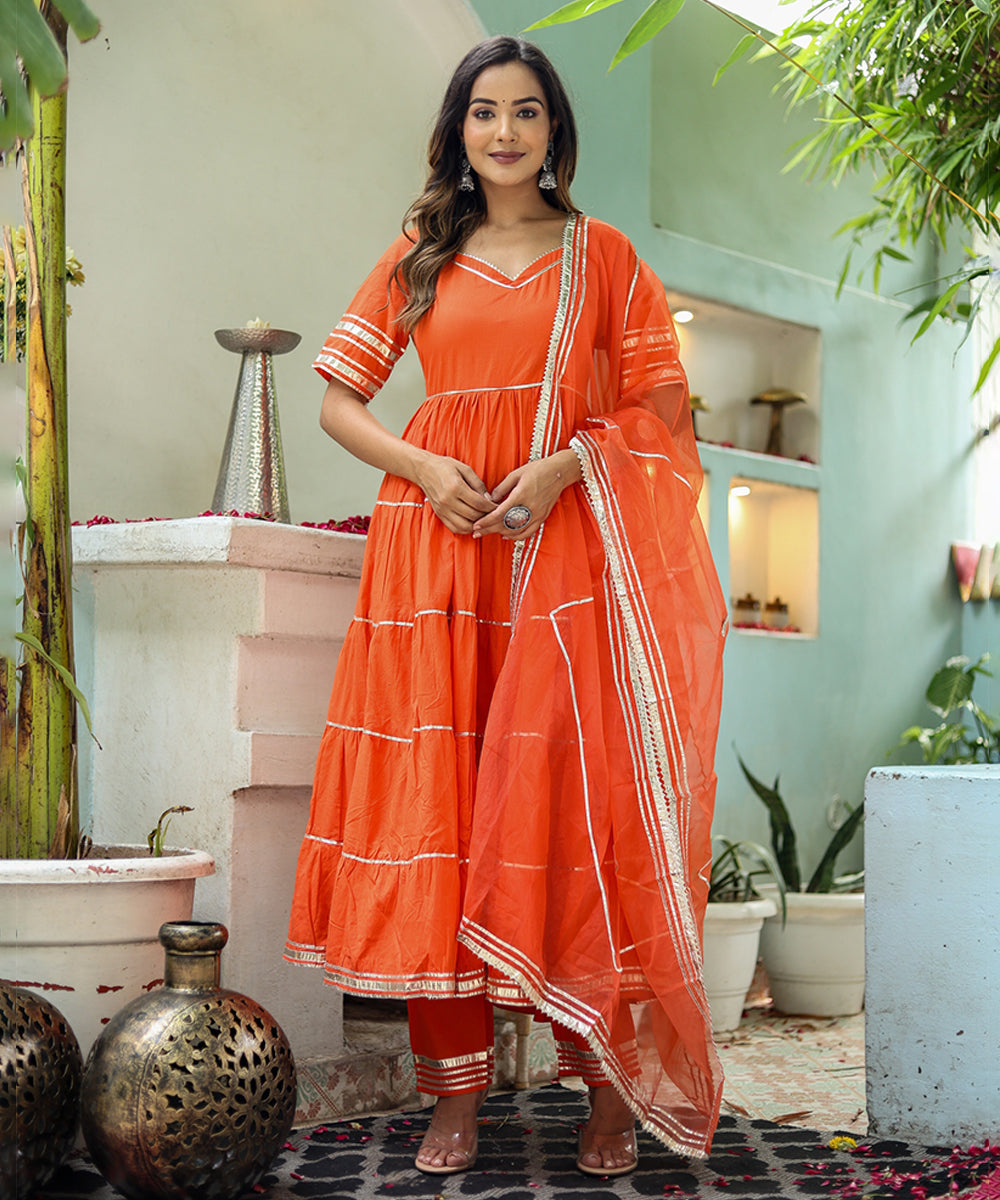 Orange Cotton Anarkali with Bottom and Dupatta