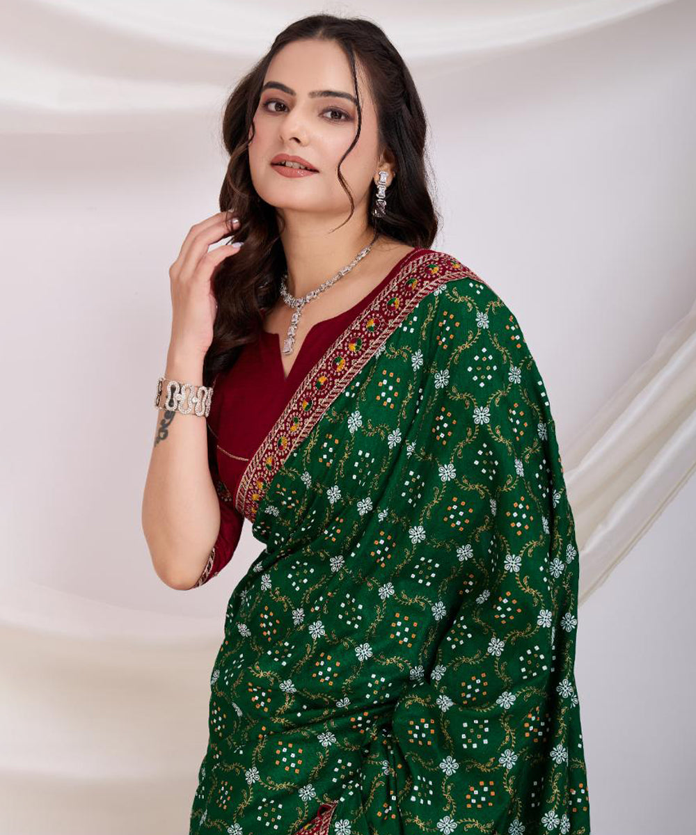Emerald Bandhani Print Art Silk Saree with Embroidered Border