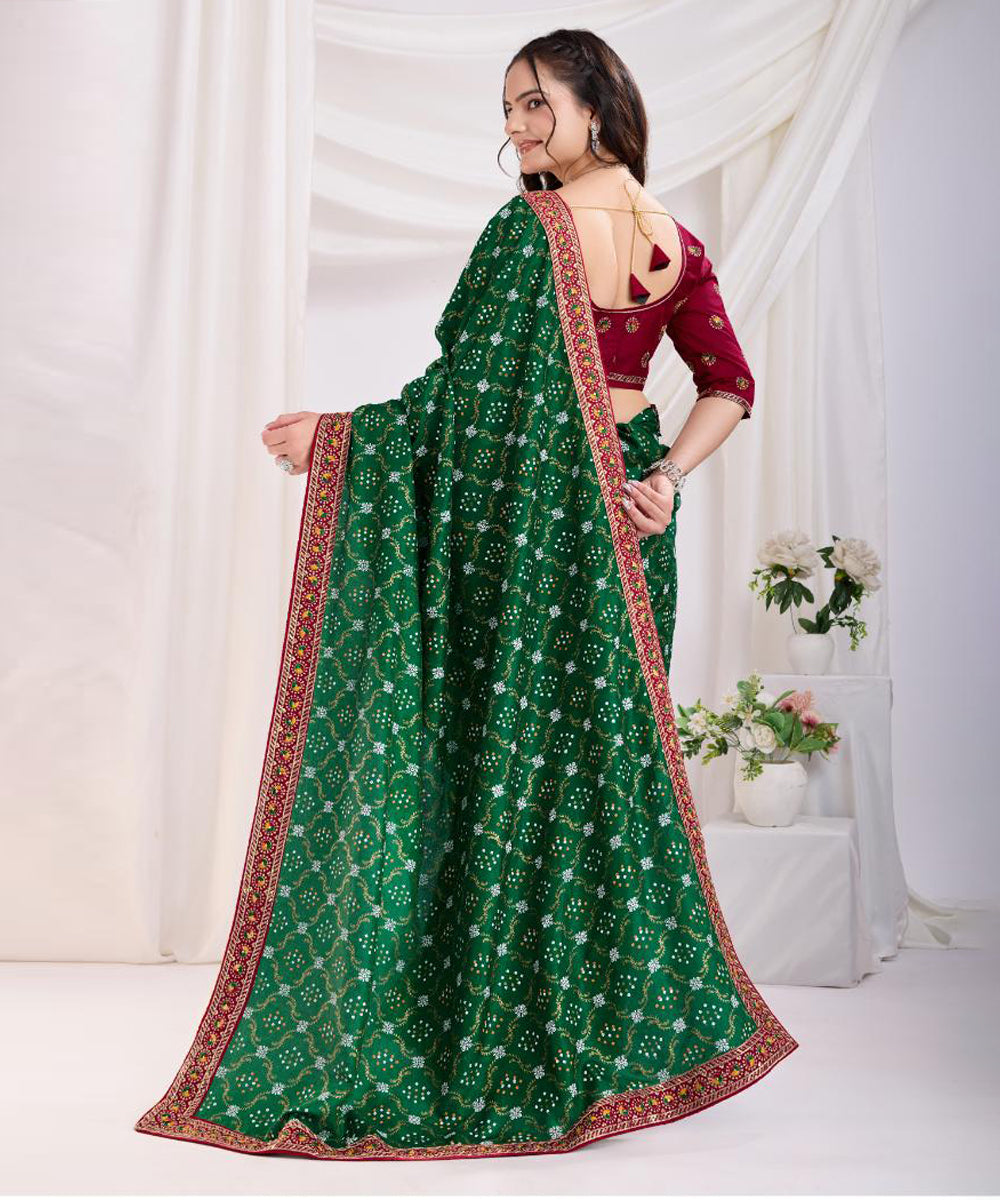 Emerald Bandhani Print Art Silk Saree with Embroidered Border