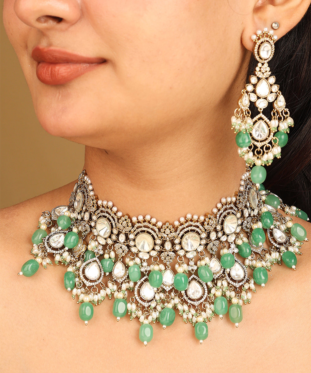 American Diamond Necklace Set with Green Stone Accents
