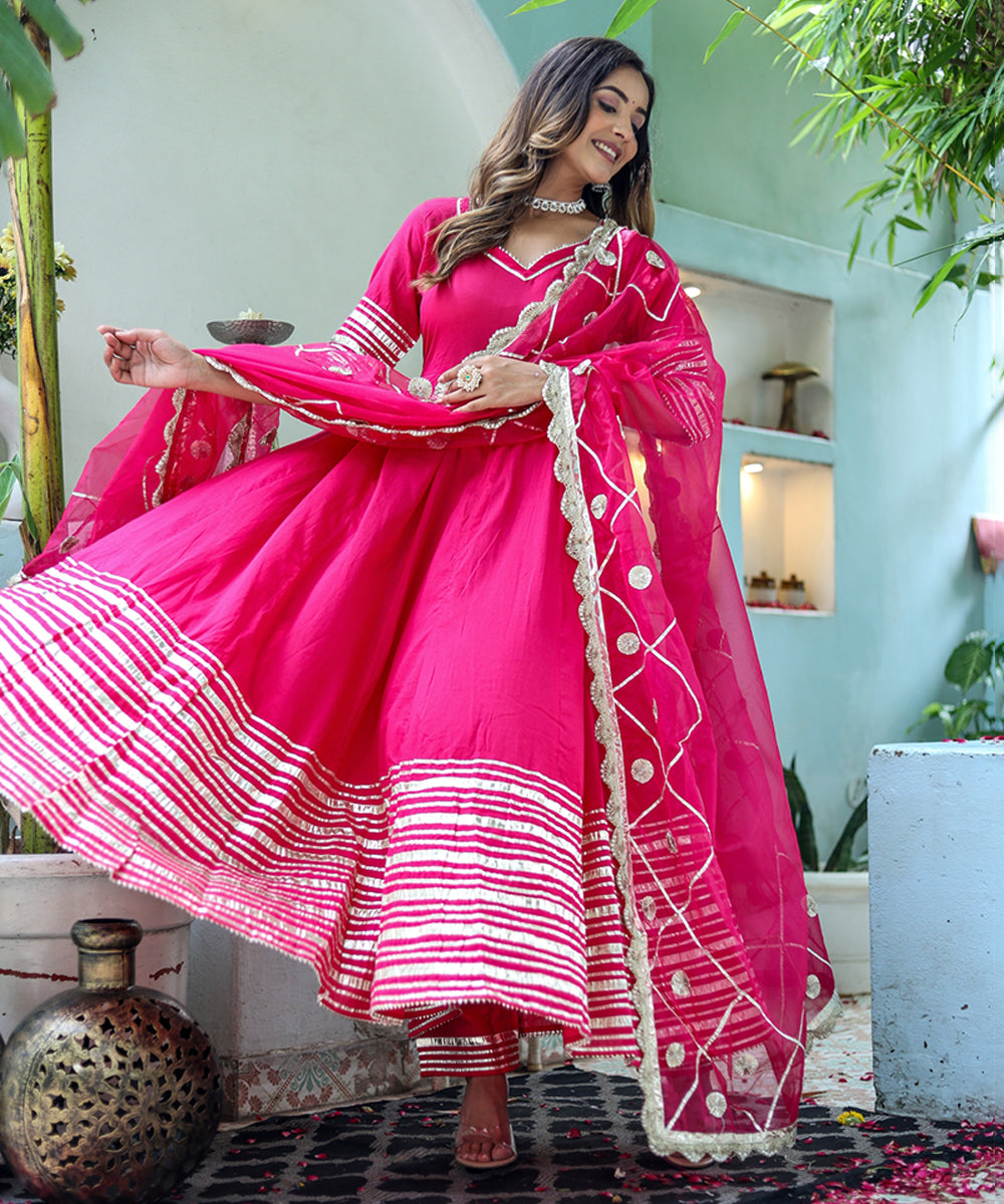 Pink Cotton Anarkali with Bottom and Dupatta