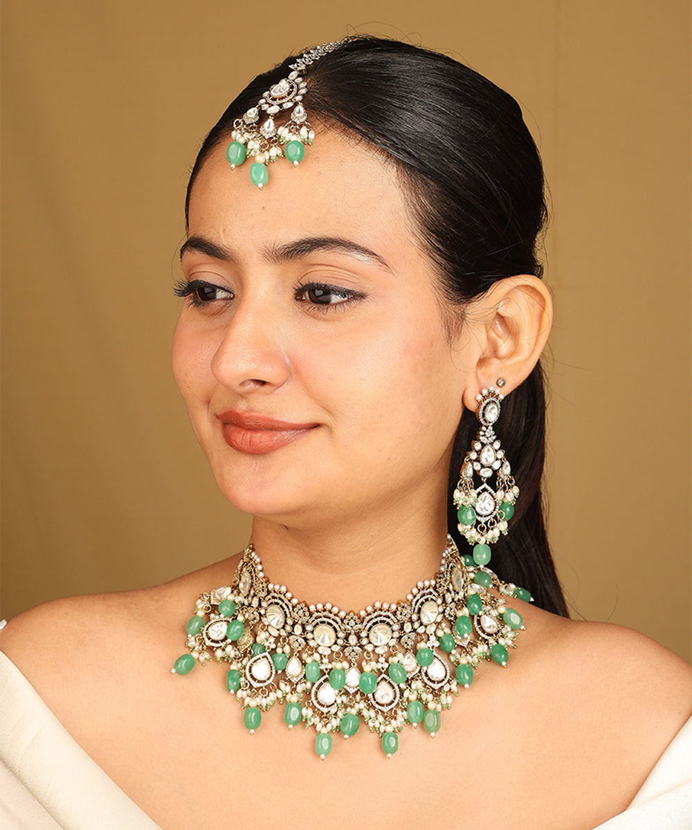 American Diamond Necklace Set with Green Stone Accents