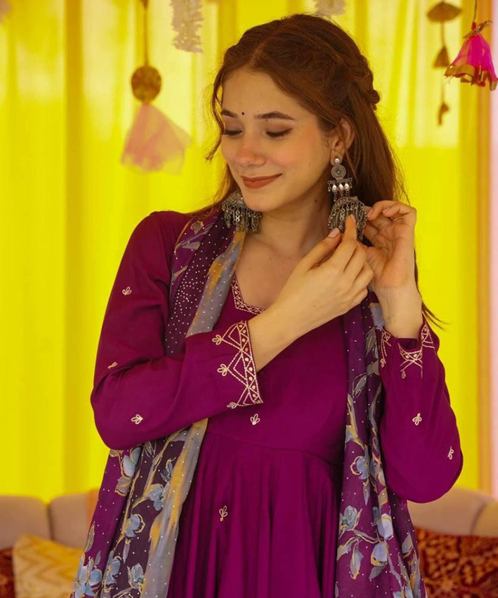 Purple Chinon Anarkali with Bottom with Dupatta