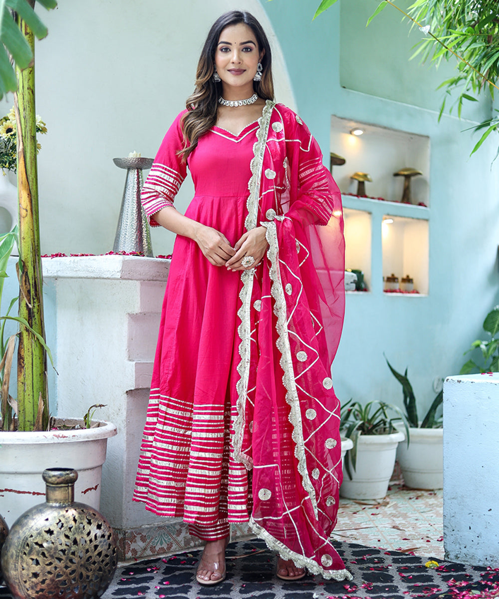 Pink Cotton Anarkali with Bottom and Dupatta