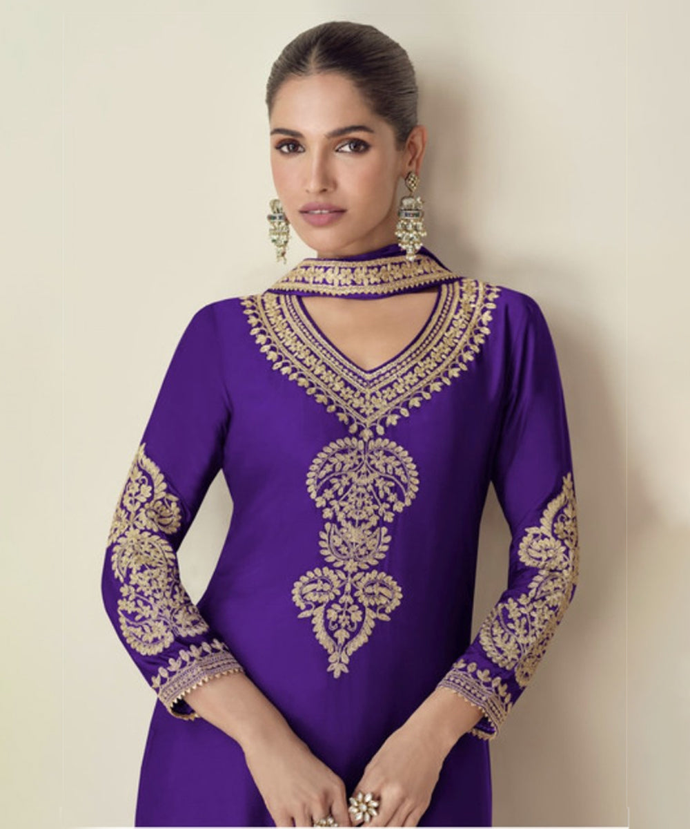 Purple Chinon Embroidered Salwar Kameez and Dupatta Set