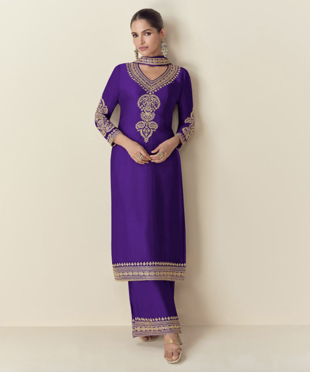 Purple Chinon Embroidered Salwar Kameez and Dupatta Set
