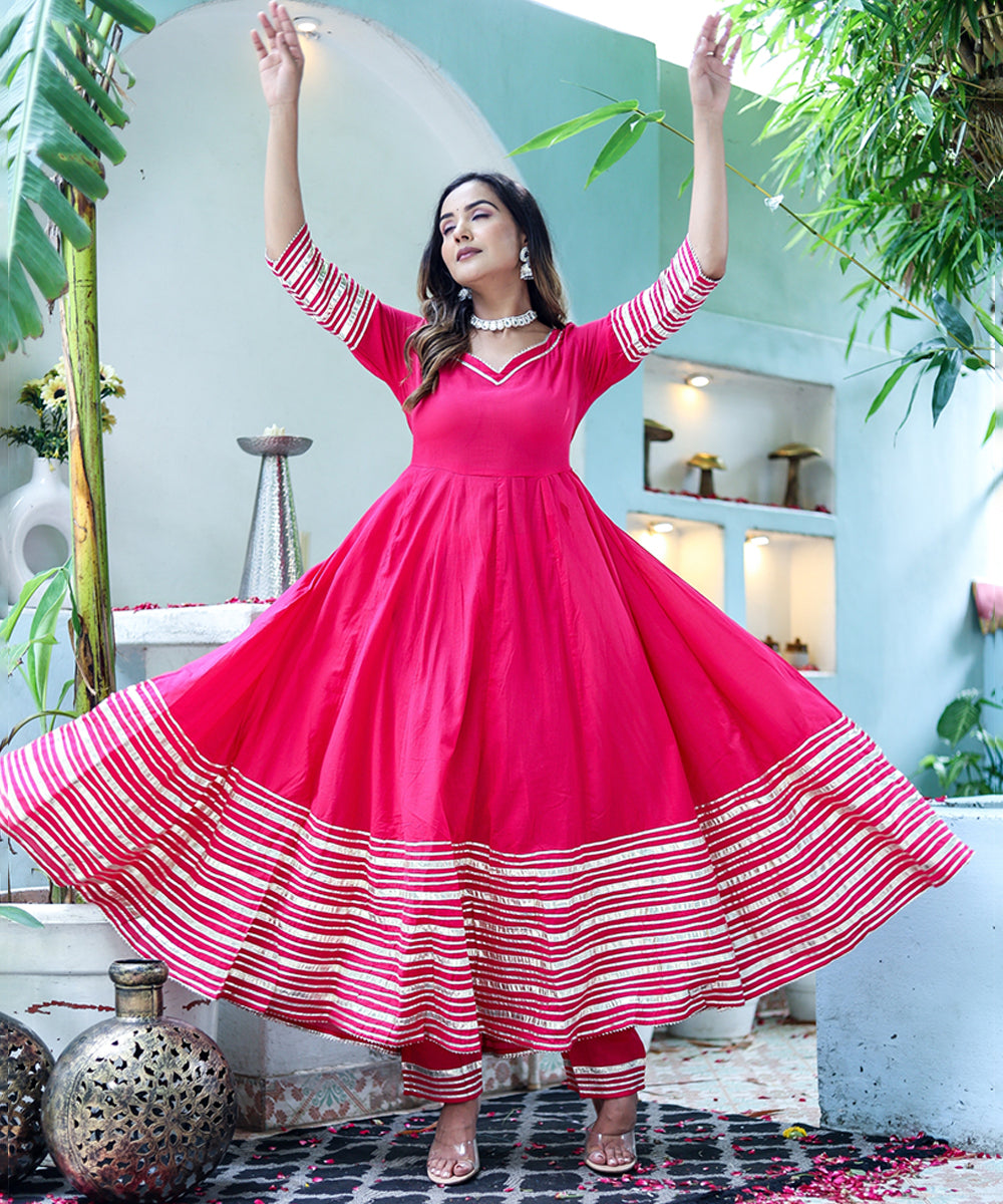 Pink Cotton Anarkali with Bottom and Dupatta