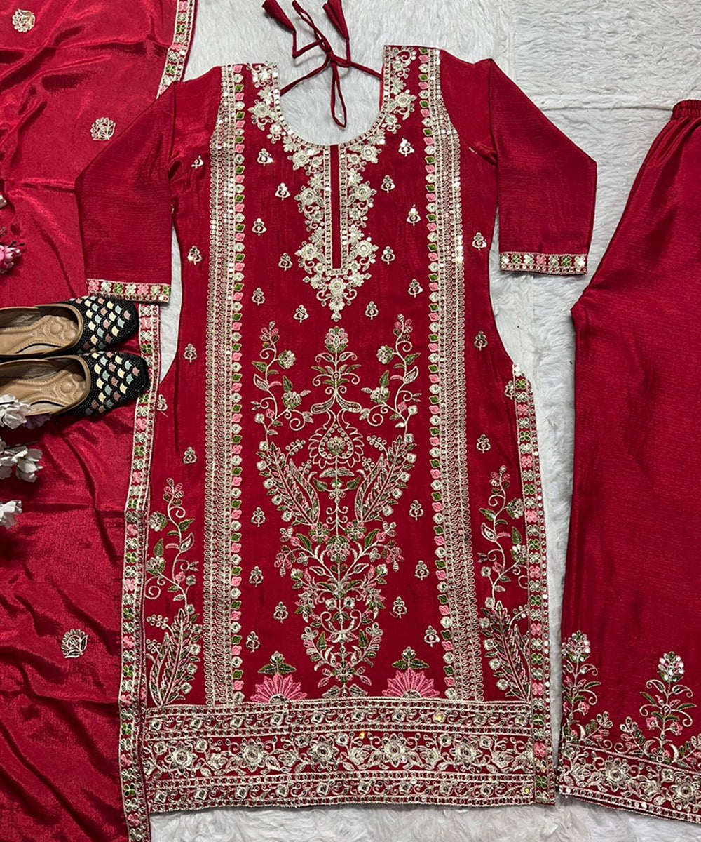 Pink Cotton Embroidered Salwar Kameez and Dupatta Suit Set