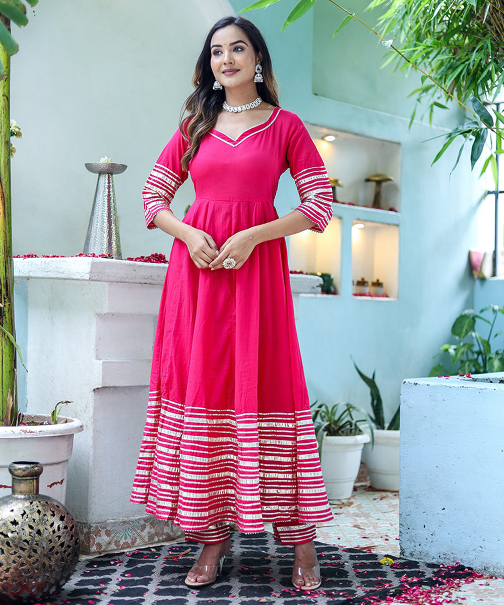 Pink Cotton Anarkali with Bottom and Dupatta