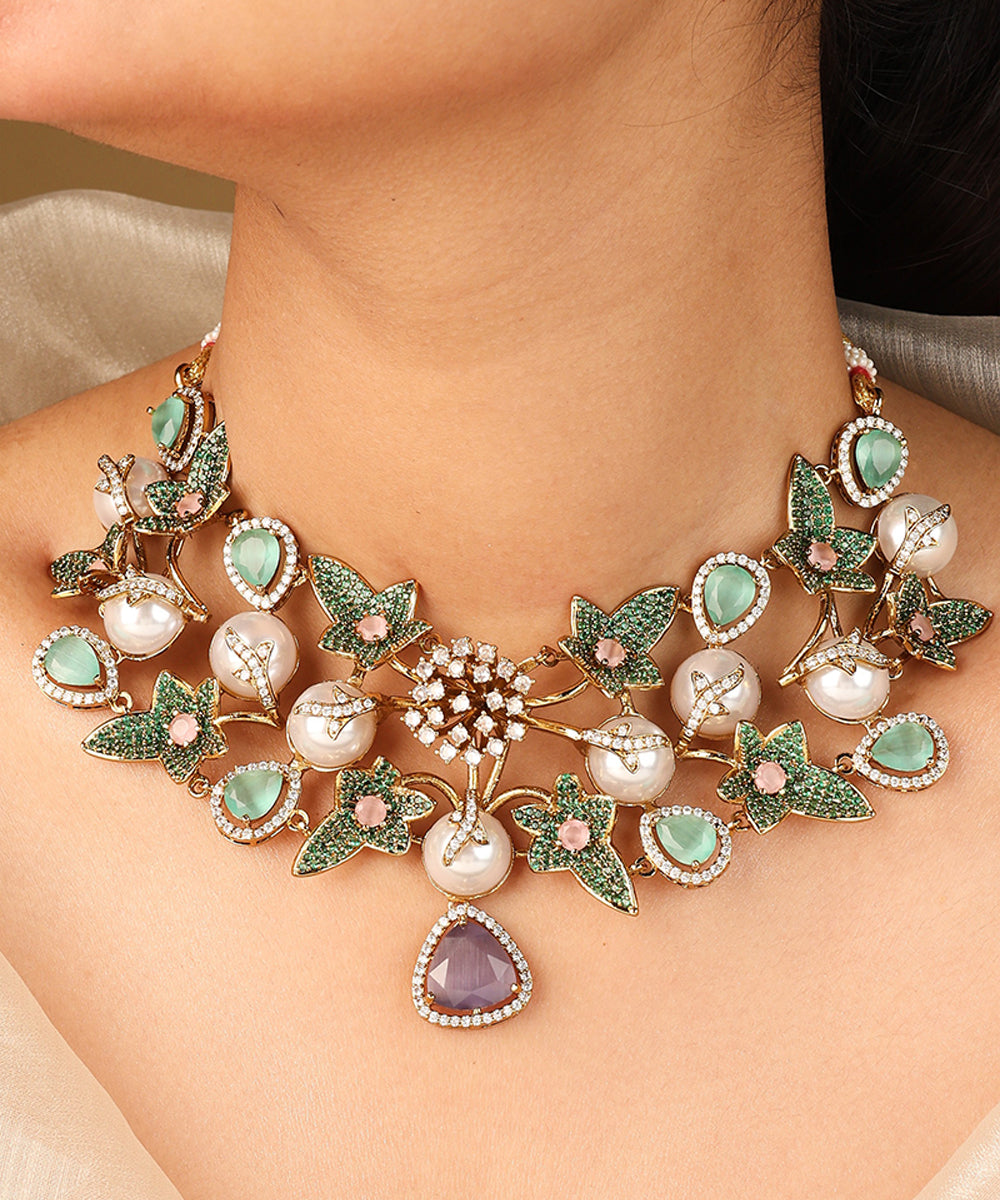 Floral Inspired Statement Necklace with Green and Pink Stones and Matching Earrings