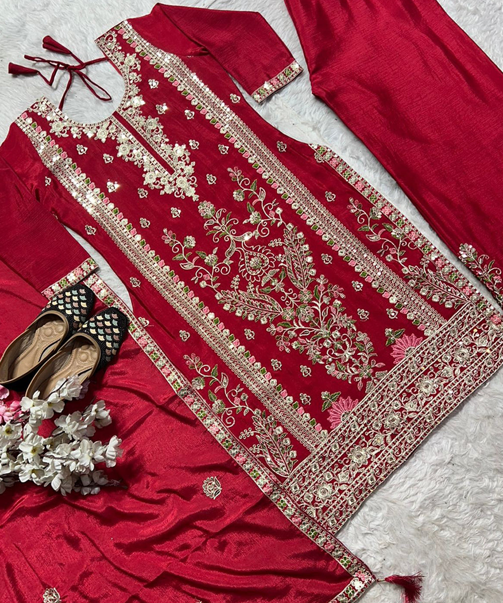 Pink Cotton Embroidered Salwar Kameez and Dupatta Suit Set