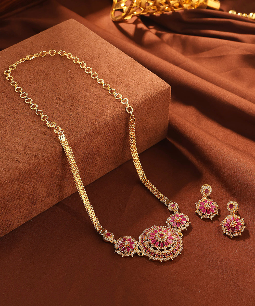 Gold Choker Set with Pink Stones and American Diamond Accents