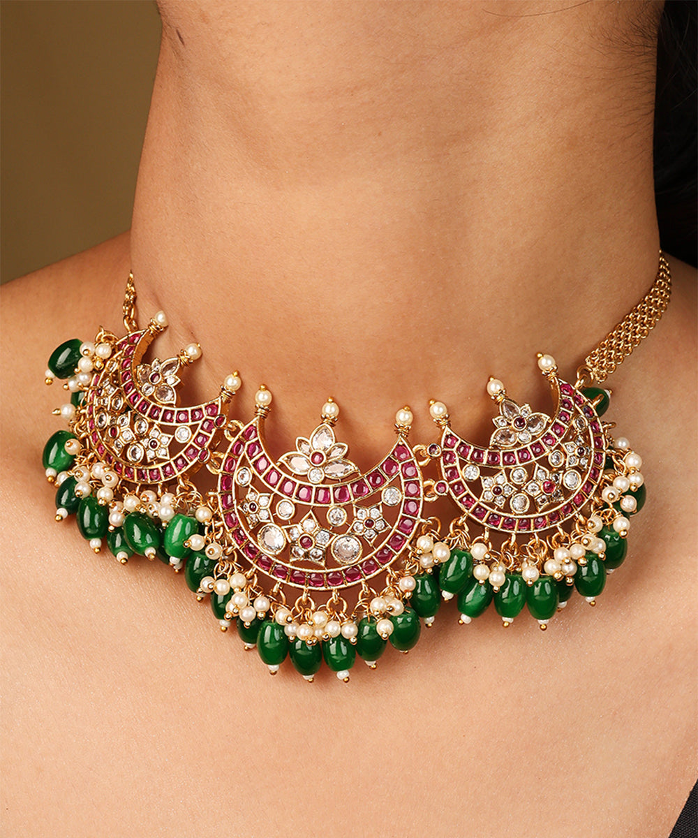 Moon Shaped Pendant Necklace with Dark Green Jhumkis and Matching Earrings