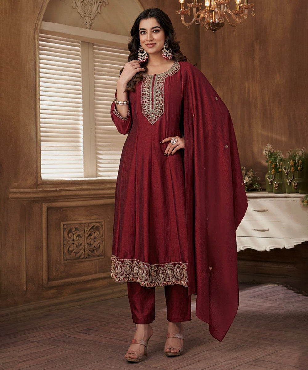 Maroon Silk Blend Salwar Kameez and Dupatta Set