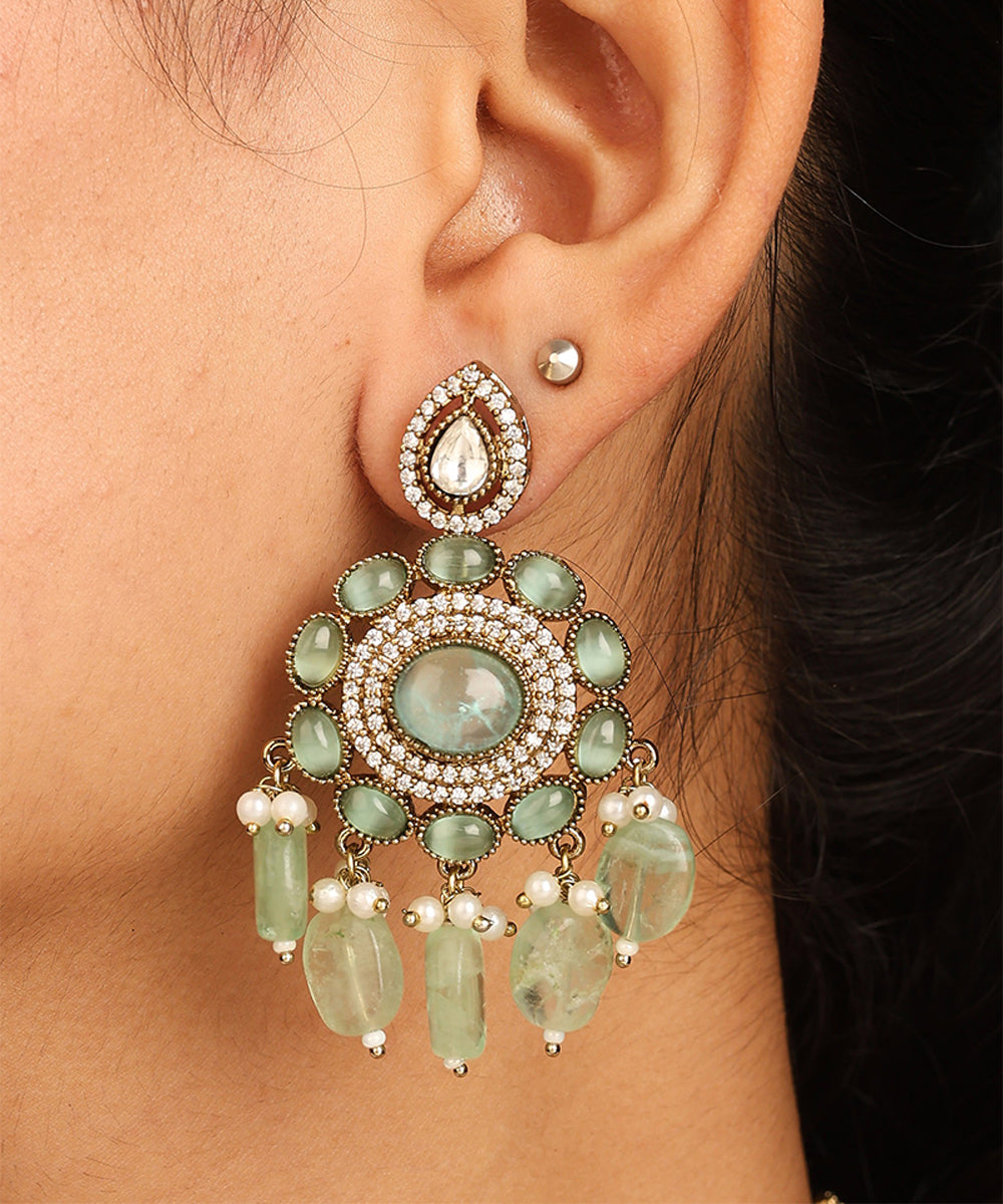 American Diamond Necklace Set with Green Stone Accents