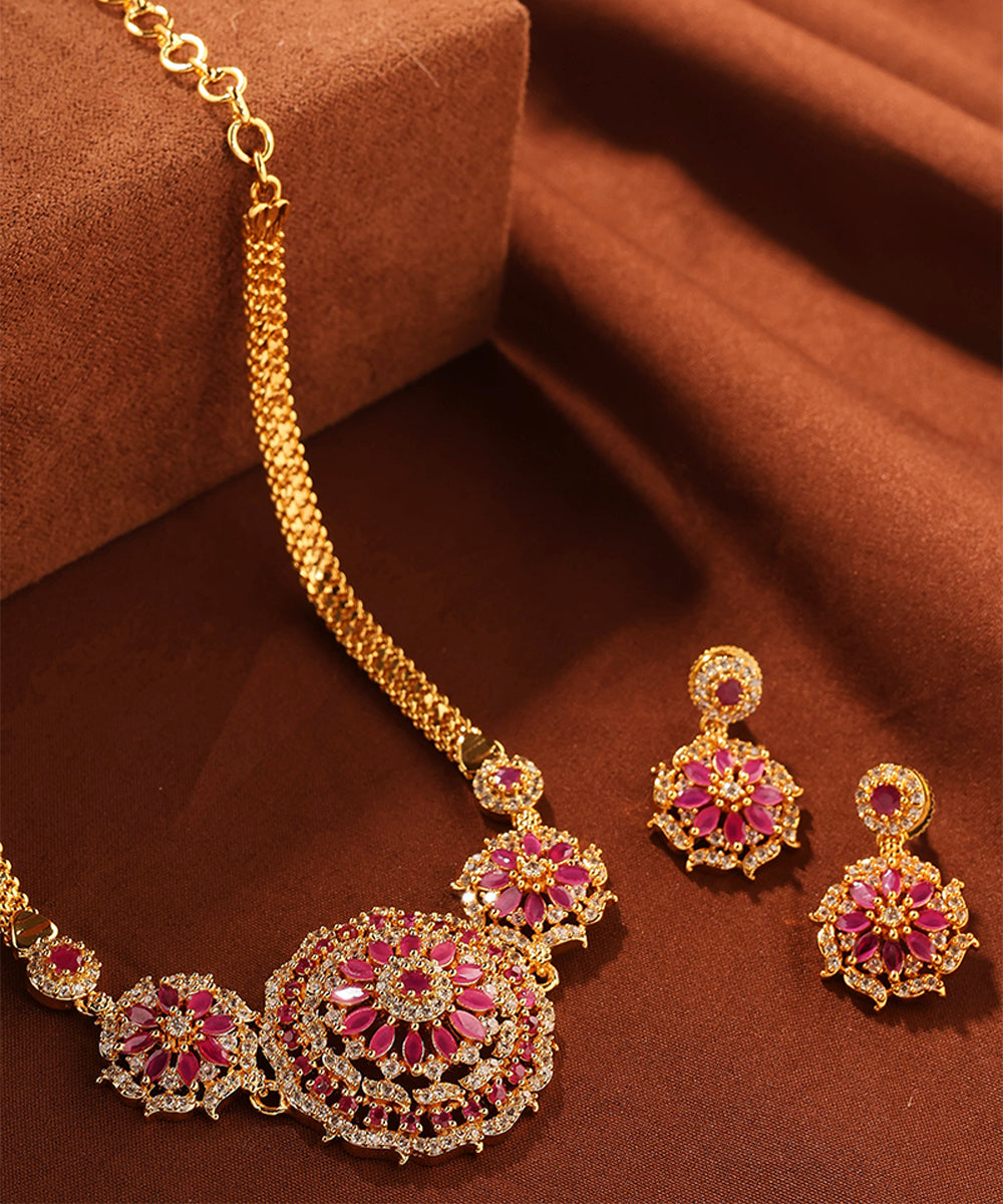 Gold Choker Set with Pink Stones and American Diamond Accents