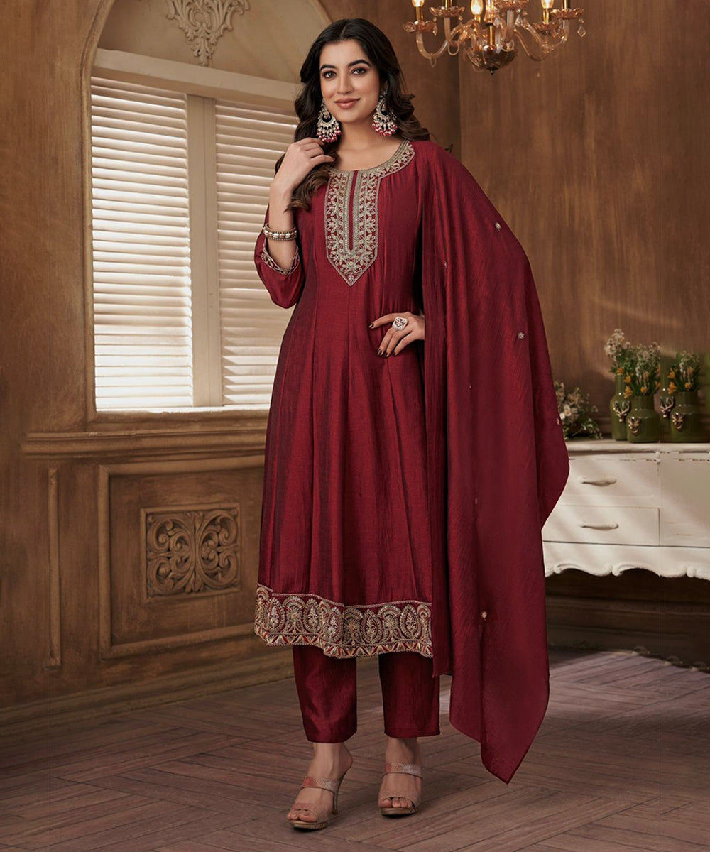 Maroon Silk Blend Salwar Kameez and Dupatta Set