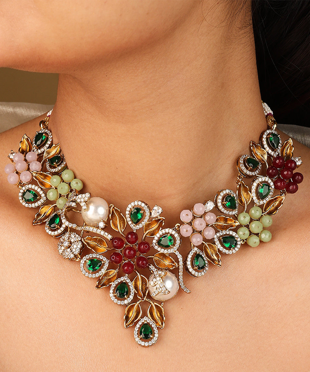 V Shaped Colourful Floral Statement Necklace with Matching Earrings