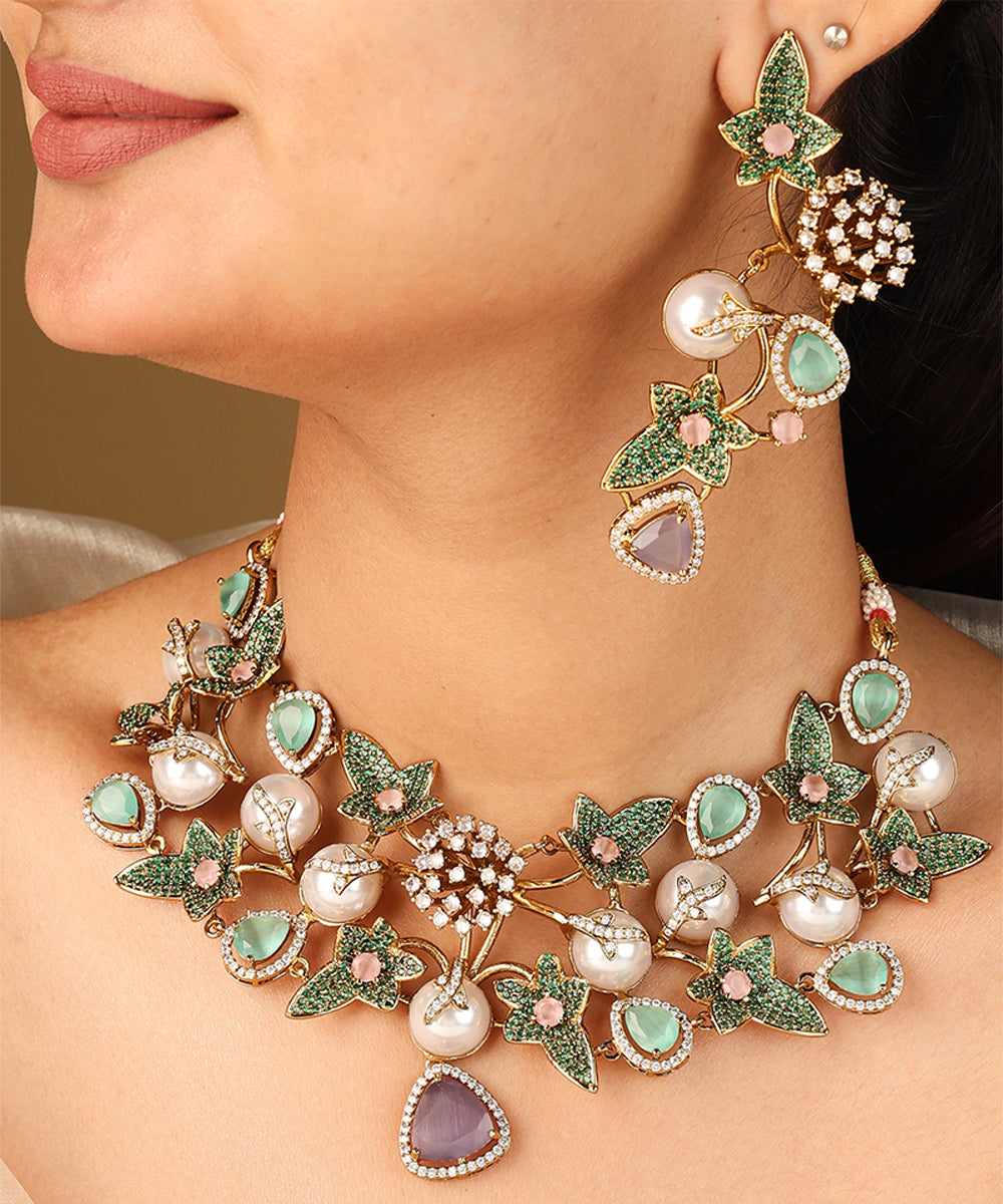 Floral Inspired Statement Necklace with Green and Pink Stones and Matching Earrings