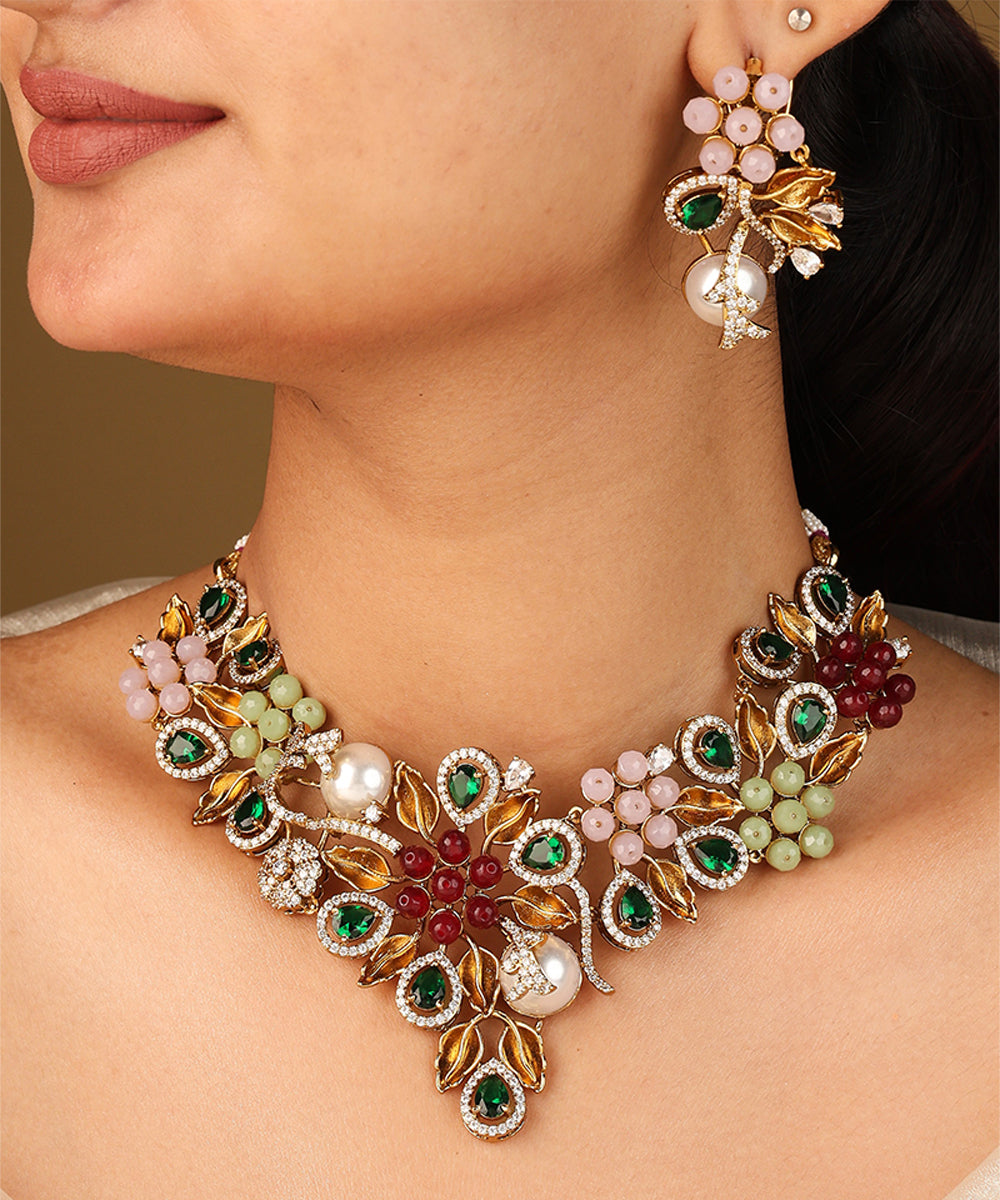 V Shaped Colourful Floral Statement Necklace with Matching Earrings
