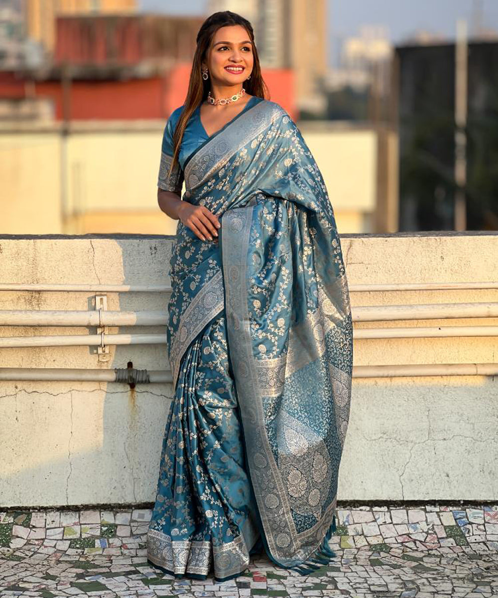 Blue Art Silk Saree with Intricate Silver Zari Work