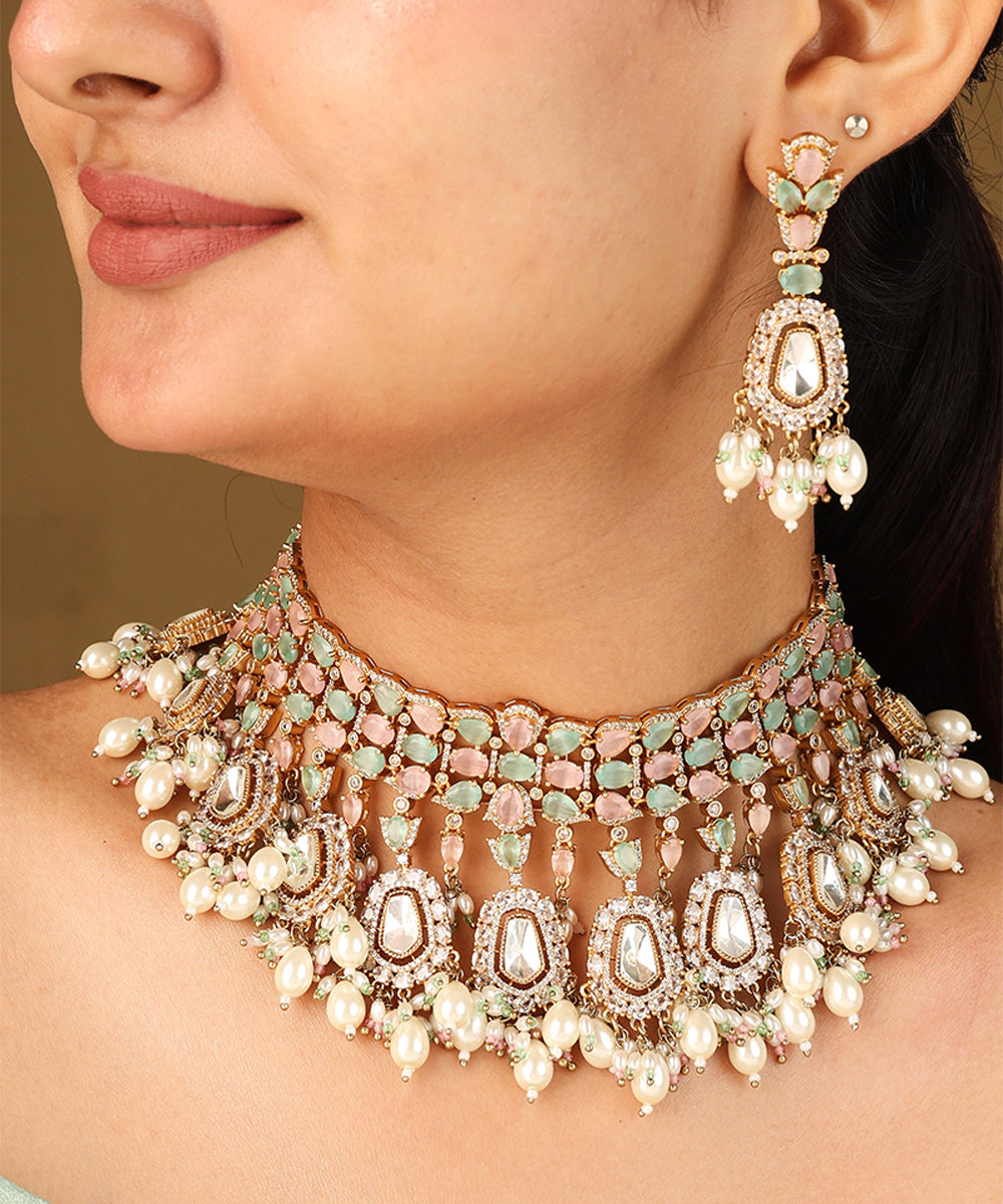 Pastel Colour Choker Necklace with American Stones for Bridal Look